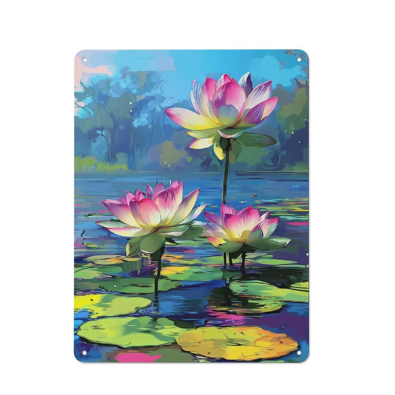 Junmoney Lotus Blossoms In Serenity Tin Wall Plaque 40X30cm With For Hallway Wall, With Clear Retro Wall Decor Character