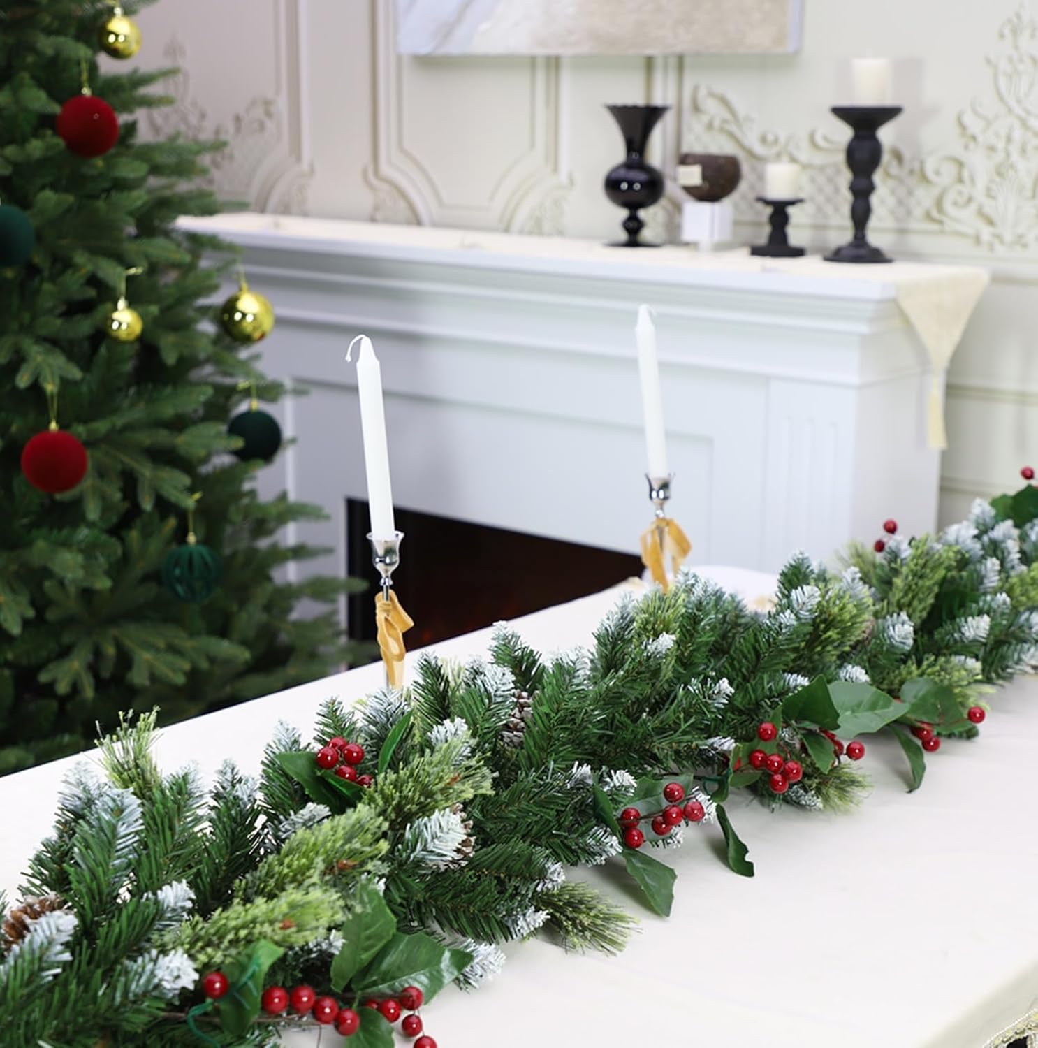 9ft Christmas Garland with Lights,Lighted Artificial Flowering Pine Garland for Mantle,Prelit Faux Green Christmas Winter Garland with Pine Cones and Red Berry for Indoor Outdoor Decor