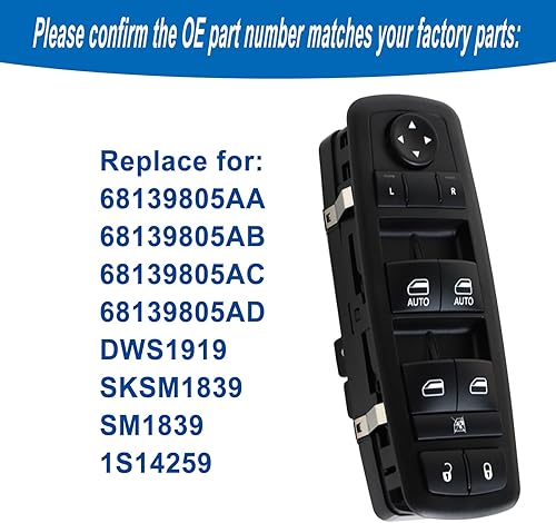 Miniatura 3 de Interruptor de ventana eléctrica compatible con Chrysler 300 2011-2015 Dodge Charger 2011-2014 Dodge Journey 2011-2018, sustituye a 68139805AD