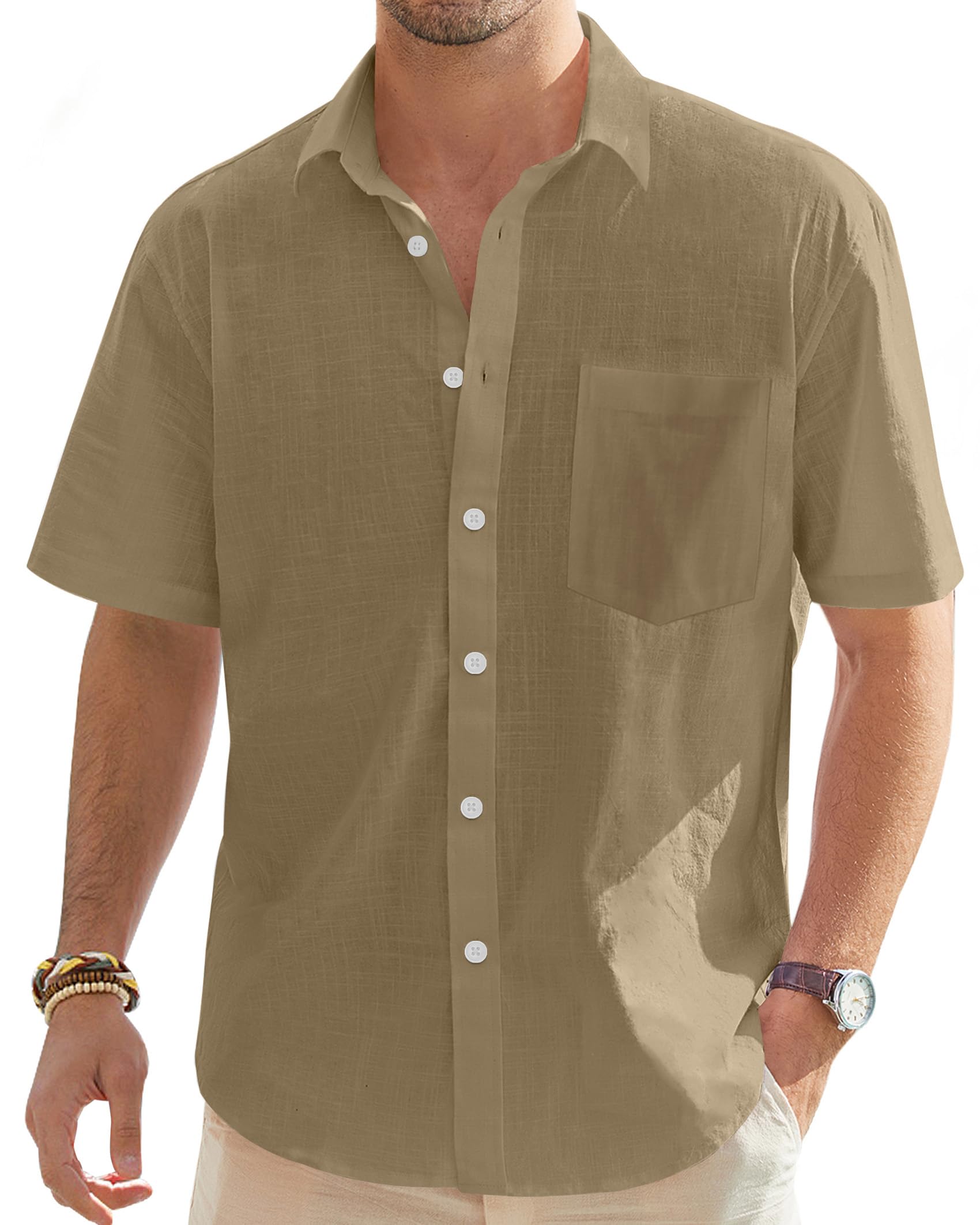 J.VER Hemd Herren Kurzarm Sommerhemd Männer Freizeithemd Leinenhemd Regular Fit Men Shirts,Dunkelkhaki,3XL