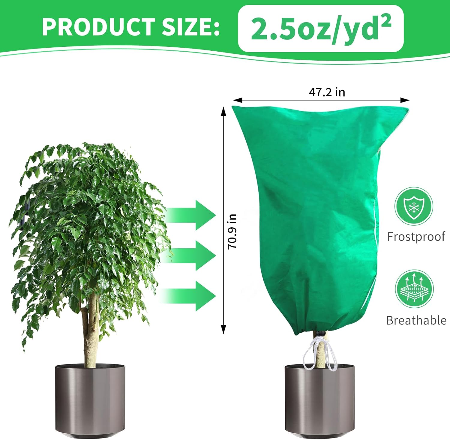 2 pack plant covers freeze protection, 47''w x 78''h 2.5oz/yd² winter tree frost blankets frost cloths protectors bag cover with zipper drawstring for outdoor plants shrub fruit trees potted 47''x 78''-2pcs