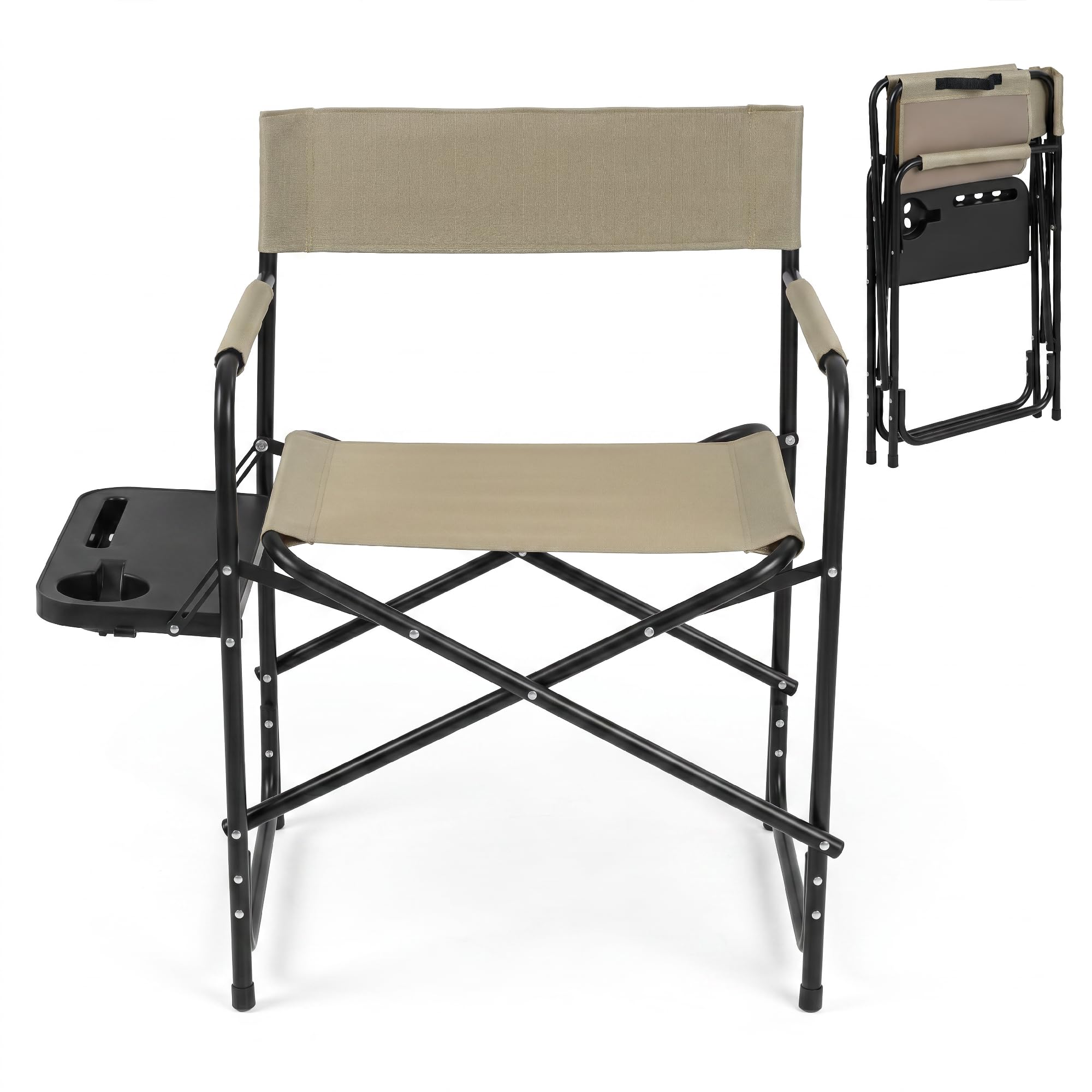 TANGZON Folding Camping Chair, Portable Comfy Directors Chair with Side Table & Cup Holder, Heavy Duty Oversized Seat for Garden Fishing Beach Picnic (Brown, 79 x 50 x 81cm, no Storage Pocket)