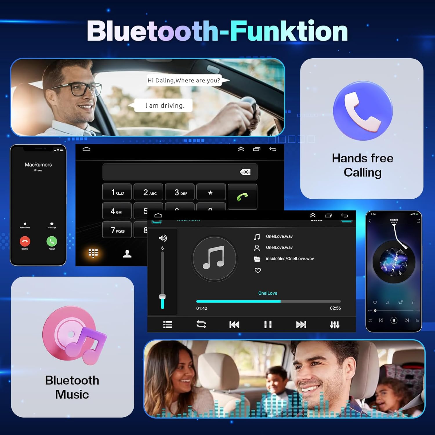 Screenshots demonstrating Bluetooth hands-free calling and music playback on the car radio.