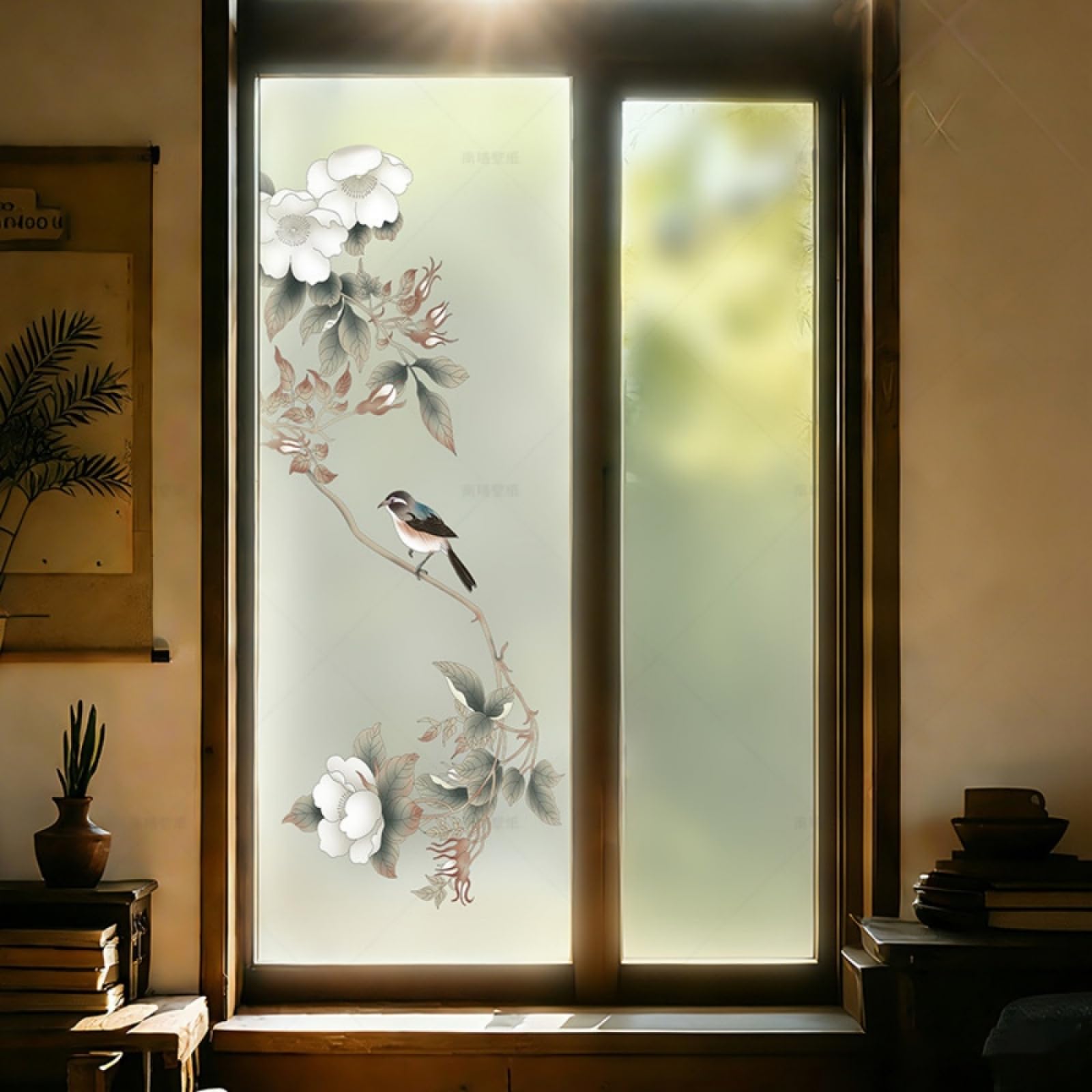 Vinilo Adhesivo Cristal Opaco Planta Pájaro Vinilos para Cristales Privacidad Estatico Anti UV Reutilizable para Oficina Dormitorio Sala de Estar Vinilo para Ventanas