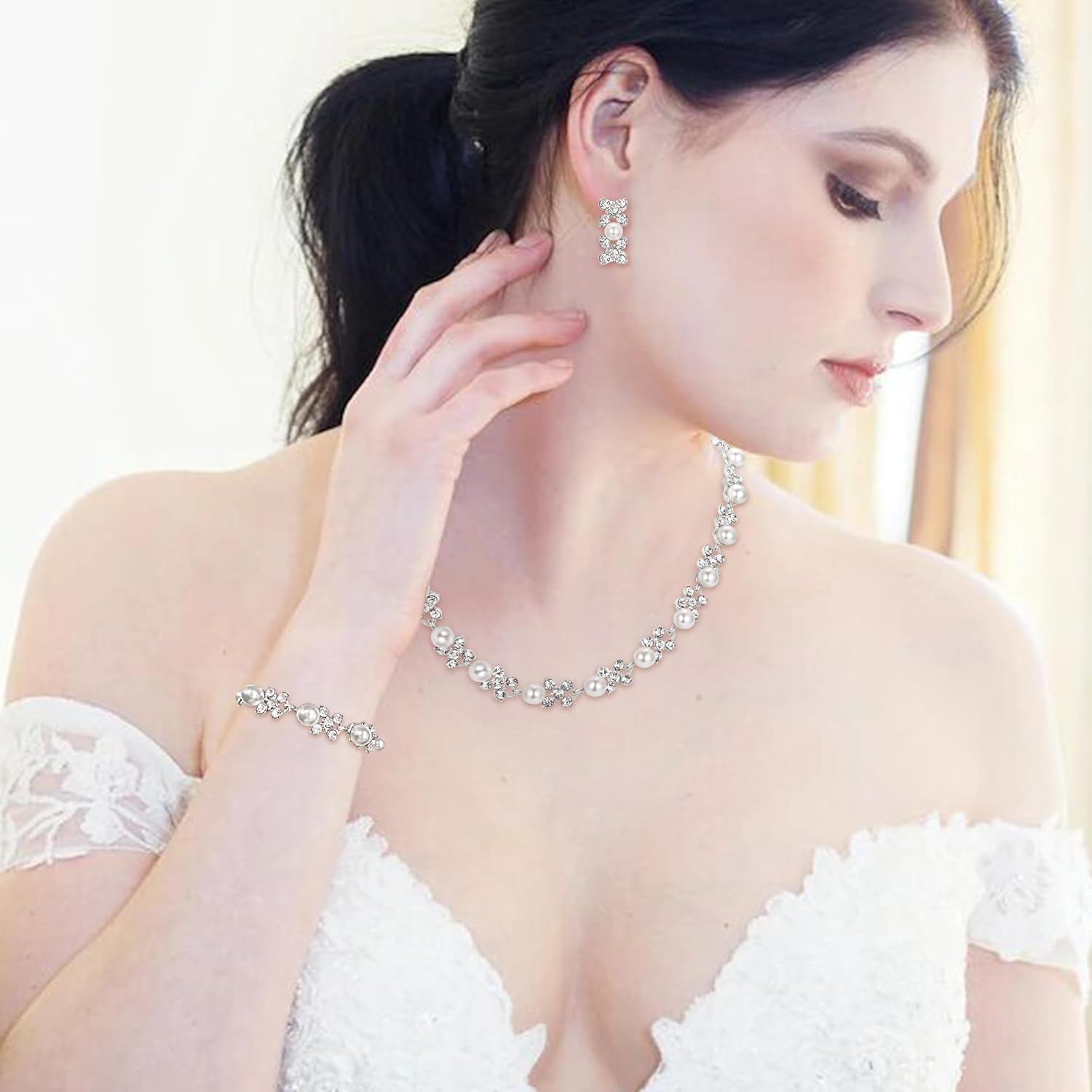 BriLove Wedding Bridal Simulated Pearl Necklace Bracelet Earrings Jewelry Set for Women Crystal Flower Collar Tennis Drop Clear Silver-Tone - Image 3