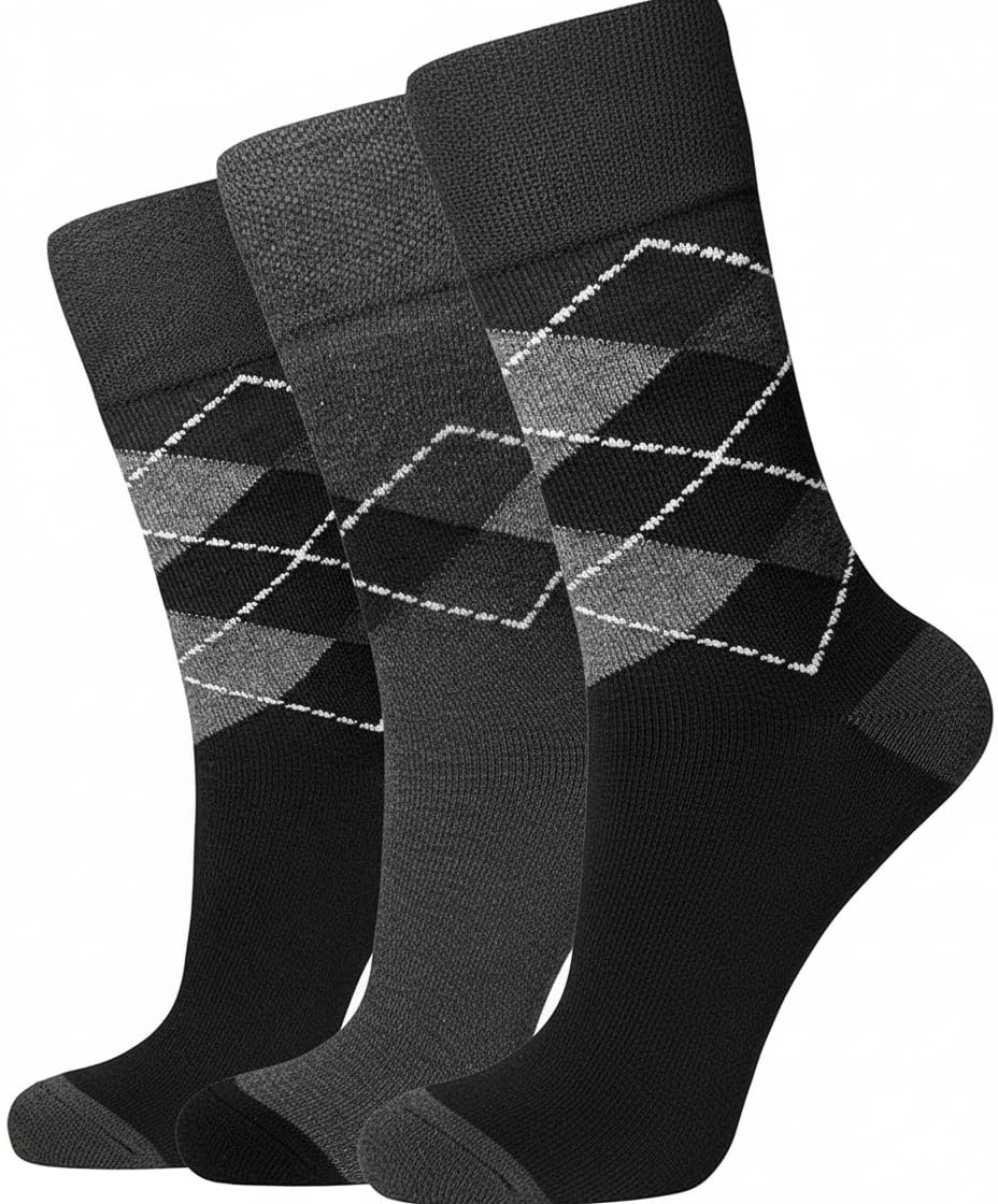 Grey Look Men's Diabetic Argyle Grey(3 Pairs) Flexi Diabetic ’S Socks – Grey Argyle Stripe, Non-Elastic Seamless Comfort Socks For Sensitive Feet, Breathable & Soft, Multipack Options, Uk 6–11 (Diabetic Argyle Grey(3 Pairs))