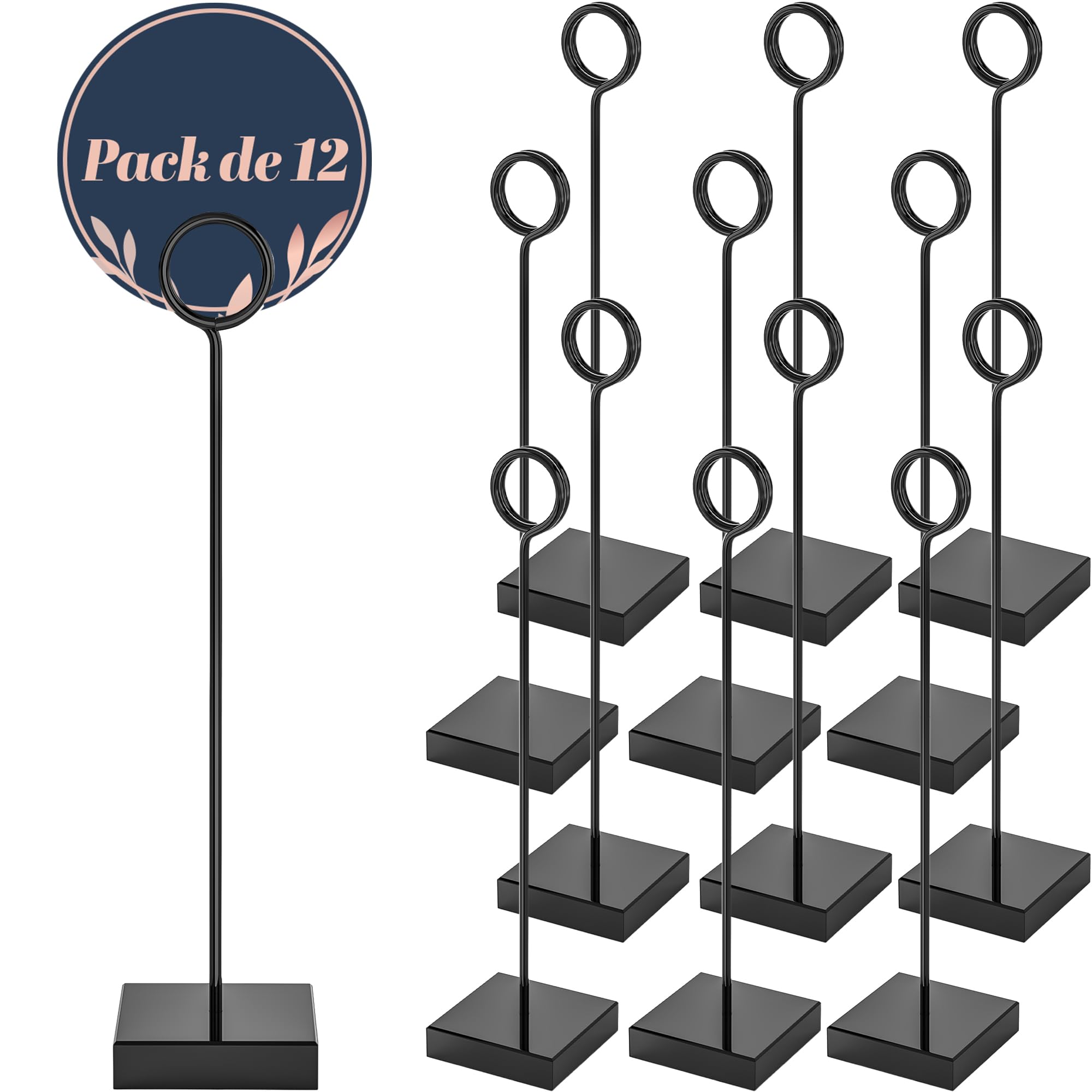 Juego de 12 soportes para números de mesa, soportes altos negros para mesas de boda, soportes de acrílico de lujo con base cuadrada de 2 pulgadas, soportes para letreros de mesa de 7.75 pulgadas para