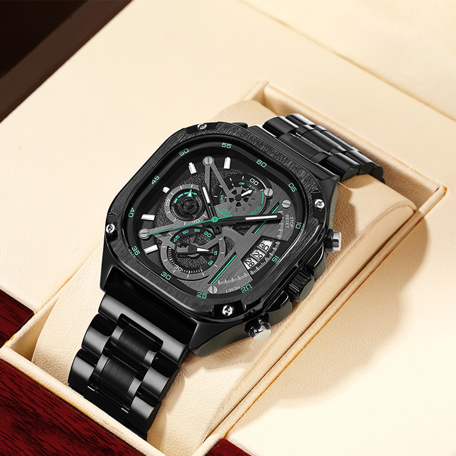 Herrenuhr Quadratische Zifferblatt Cool Design mit Chronograph Leuchtender Zeiger Datum Businessuhr Edelstahlarmband