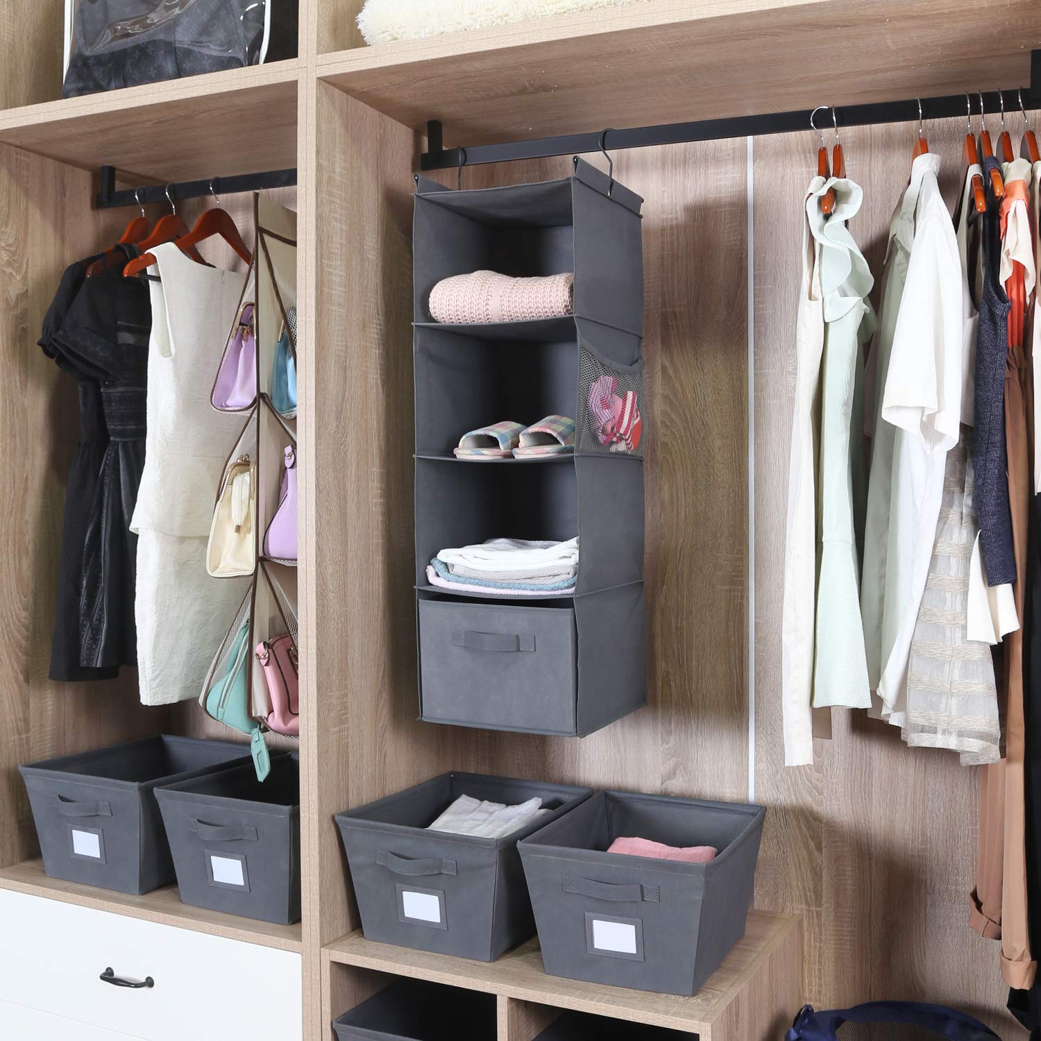 MAX Houser Organizador de armario colgante de 4 estantes, ahorro de espacio, estantes colgantes de tela con 2 bolsillos laterales, plegable (gris)