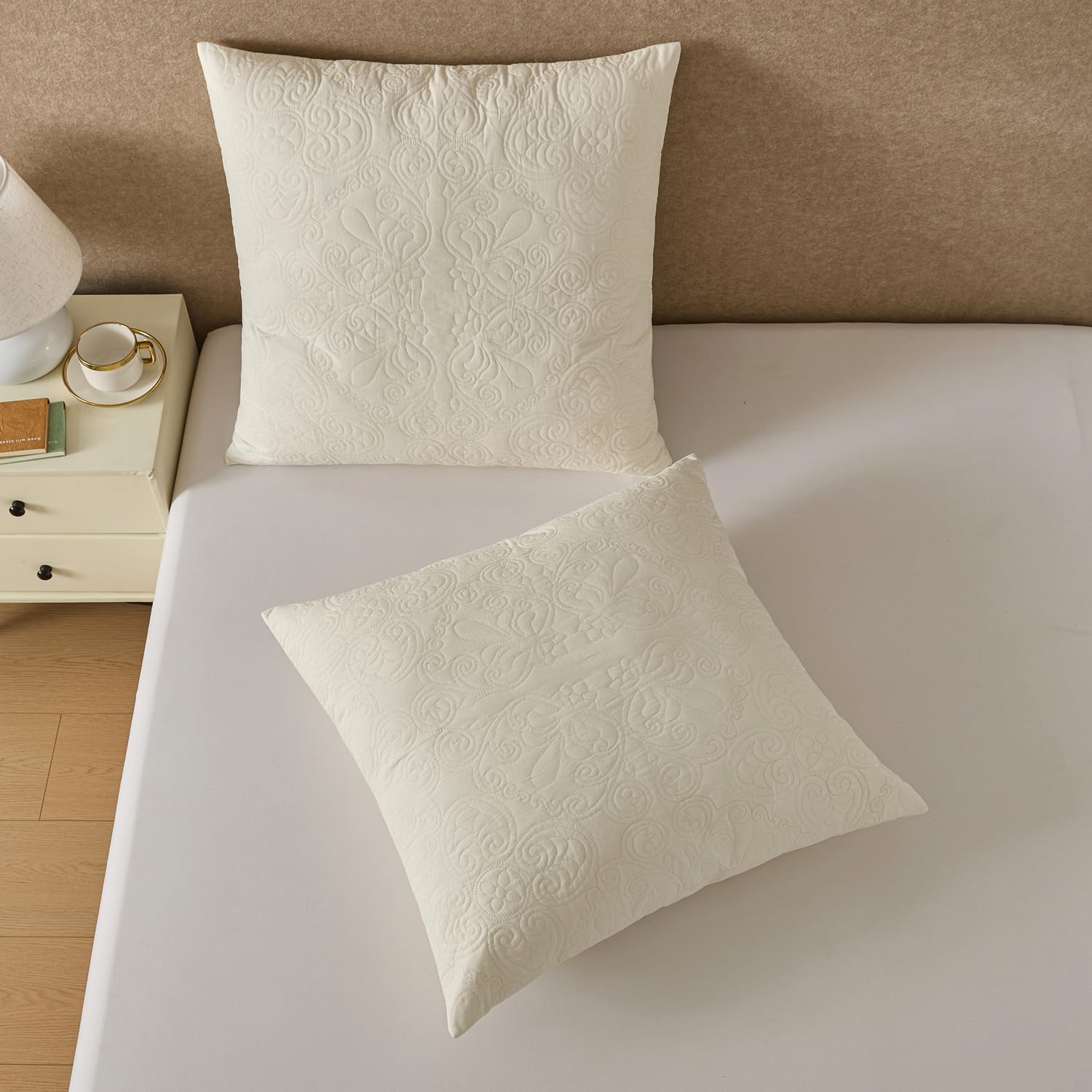 YINFUNG Quilted Euro Shams Set of 2 European Pillow Covers 26×26 Cotton Damask Medallion Ivory Cream Embroidered Floral Square Pillowcases Embossed Matelasse Vintage Textured Decorative Pillow Cover