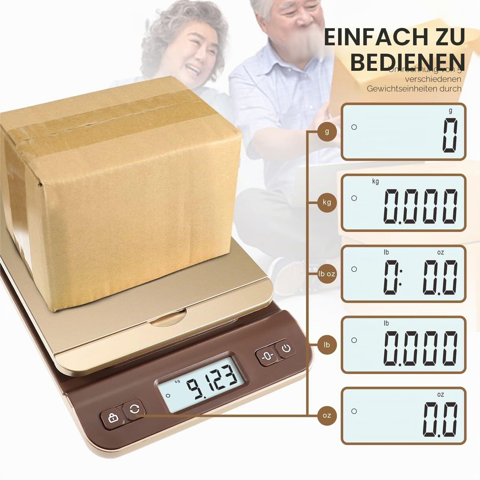 UNIWEIGH digital Postwaage 39kg/86lb, Briefwaage, Paketwaage, Plattformwaage, Küchenwaage, Grammwaage, Postal Scale mit Hold-Tara-Funktion für Büro, Haus,Lager, Markt, USB-Kabel, Maßband - Gold