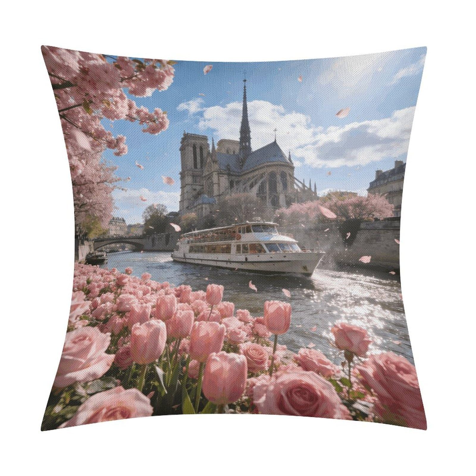 LZQPOEAS Pink Parisian Bloom Throw Pillow Covers, Waterproof Faux Linen Pillow Cases with Invisible Zipper, Decorative Square Cushion Covers for Sofa Couch Living Room Bedroom 18x18 Inch