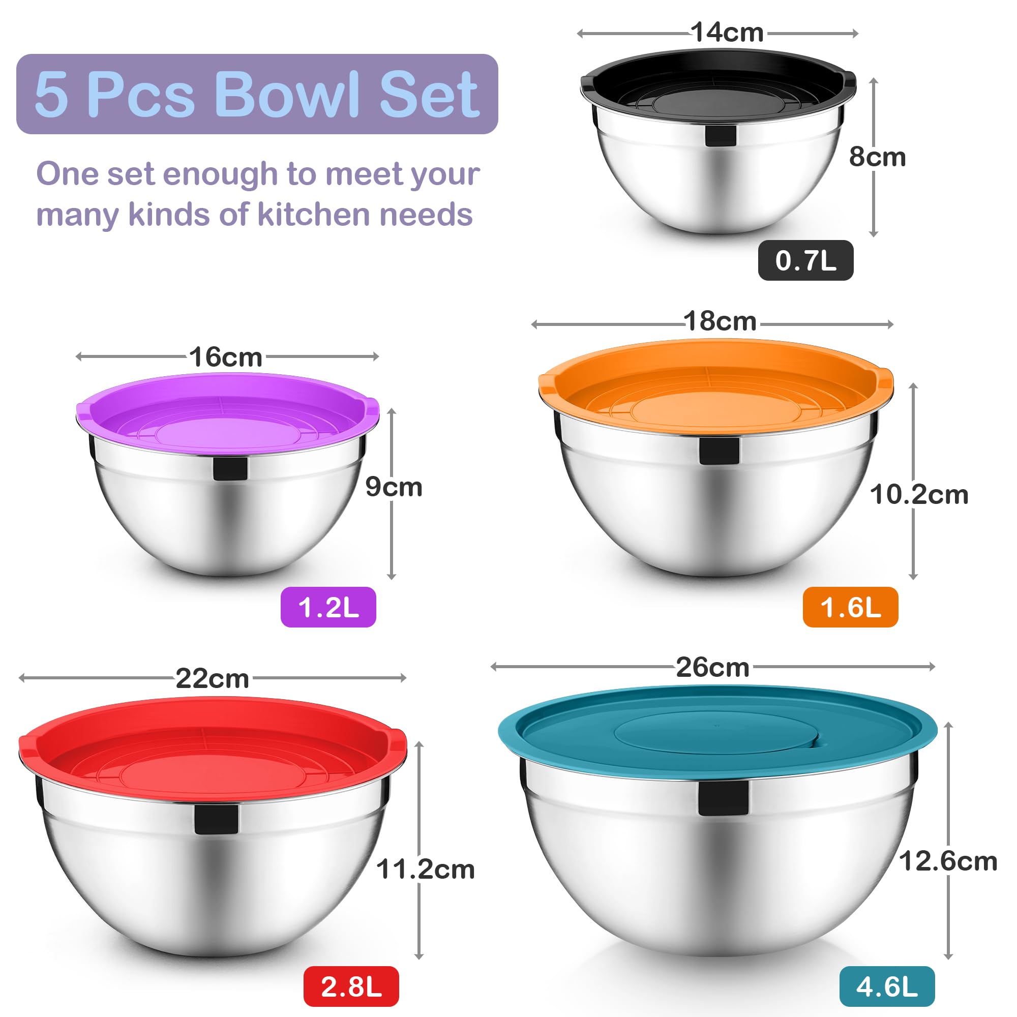 Joyfair Mixing Bowls Set of 5, Stainless Steel Nesting Salad Bowl with Airtight Lids - Image 2