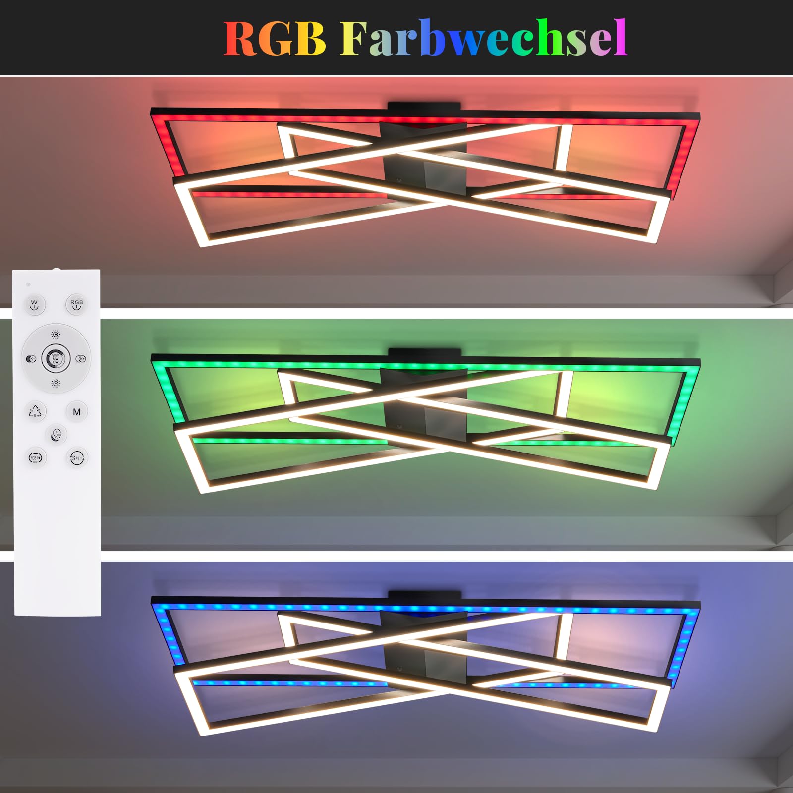 Homefire Deckenlampe Wohnzimmer LED Deckenleuchte RGB Schwarz 36W Dimmbar | Wohnzimmerlampe Farbwechsel Modern Schlafzimmerlampe mit Fernbedienung Metal Deckenleuchten Rechteckig für Jugendzimmer Büro