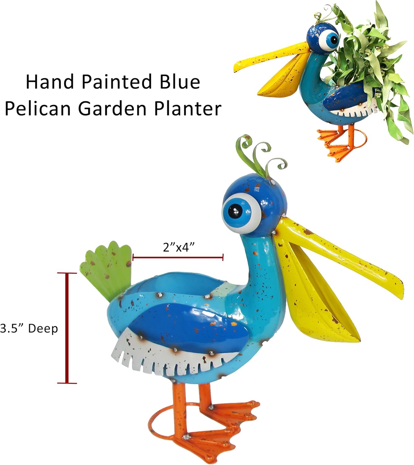 Continental Art Center Hand Painted Metal Blue Pelican Planter/Statue