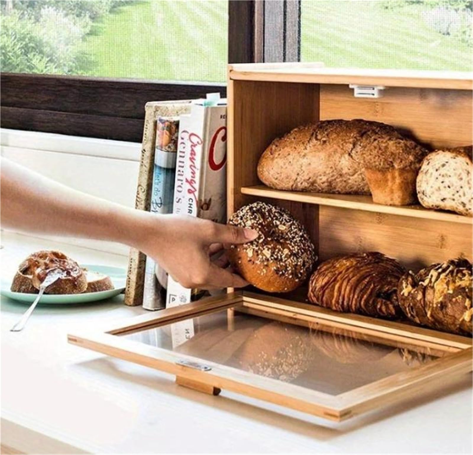 Caja De Pan Panera Para Pan Caja De Pan De Bambú, Soporte De Almacenamiento De Pan Doble, Contenedor De Pan De Gran Capacidad, Organizador De Cocina, Caja De Pan De 2 Capas Caja Contenedor De Pan