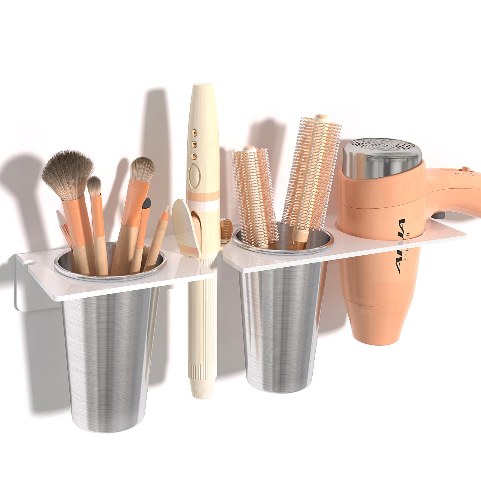 PITBVO Hair Tool Organizer, Wall Mount Hair Dryer Holder with 2 Stainless Steel Cups, Acrylic Styling Tools Organizer, Bathroom Organizer for Curling Wand iron Curling Straighteners