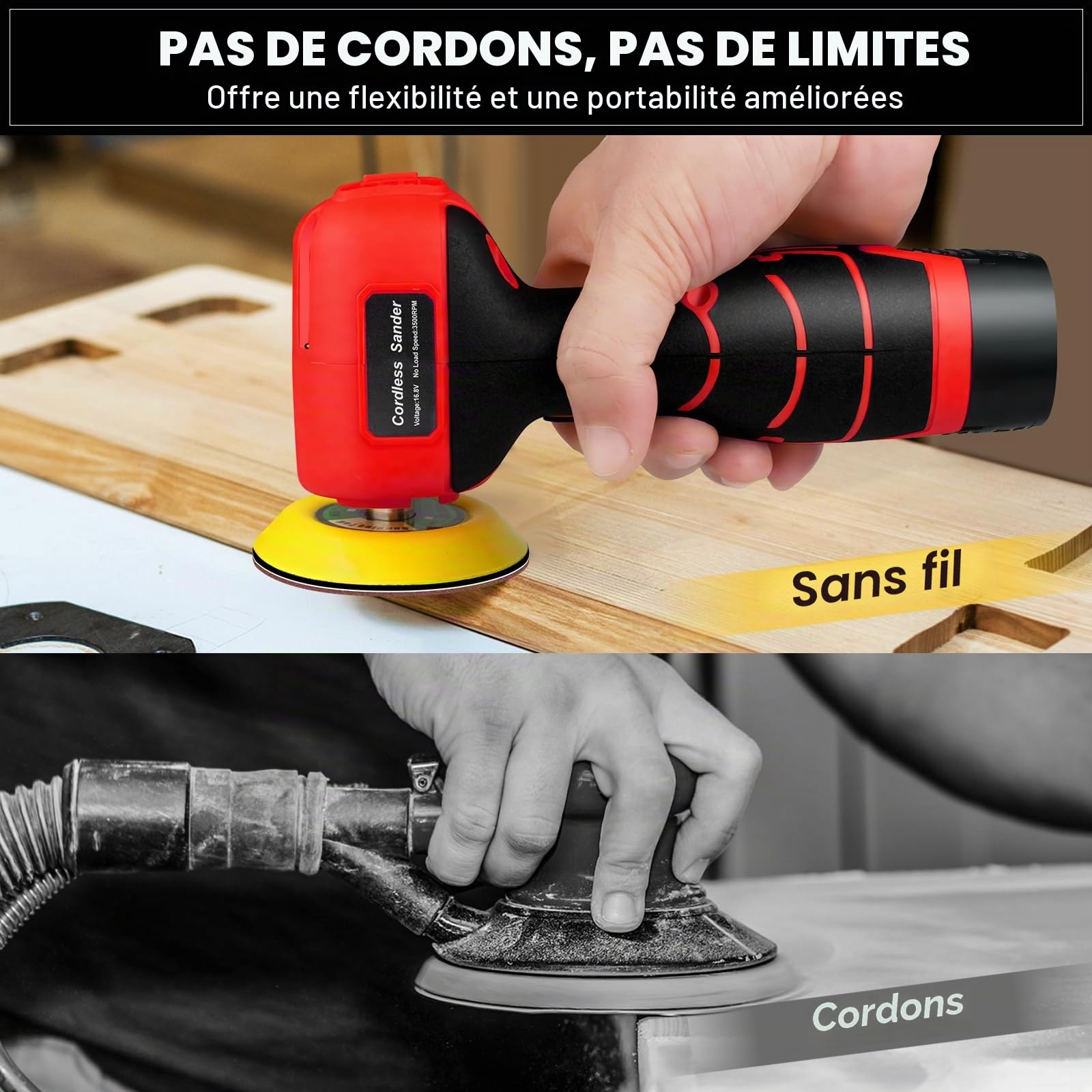 Ponceuse électrique sans fil 16,8 V avec 36 papiers abrasifs, 3500 tr/min, 2 batteries de 3,0 Ah, design léger et compact pour bois, métal, décapage de peinture et projets de bricolage