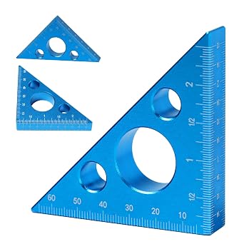 Aluminium Alloy Right Triangle Angle Ruler, 45/90 Degrees Multi Angle Construction Tool with Imperial and Metric Scales, Mini Portable Isosceles Triangle Angle Ruler for Woodworking Workshop Blue