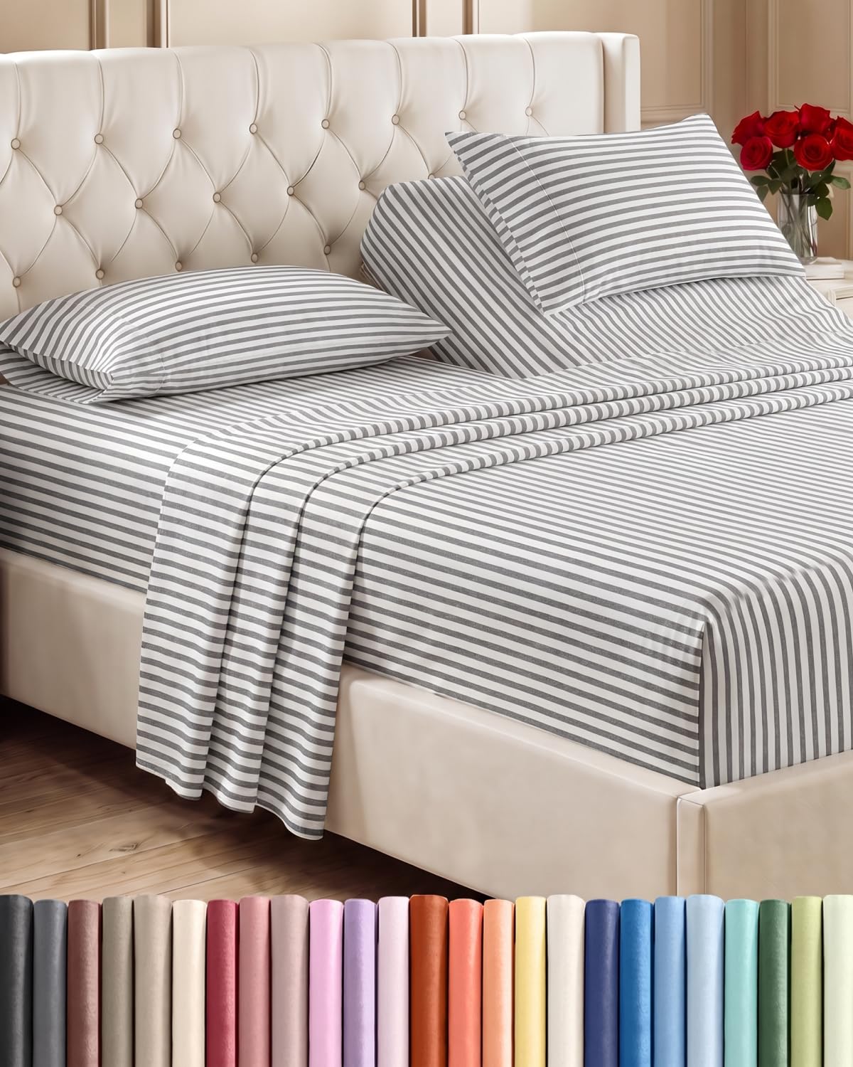 Flex Top Split Head King 4 Piece Sheet Set - Soft &amp; Cooling - Grey Stripes