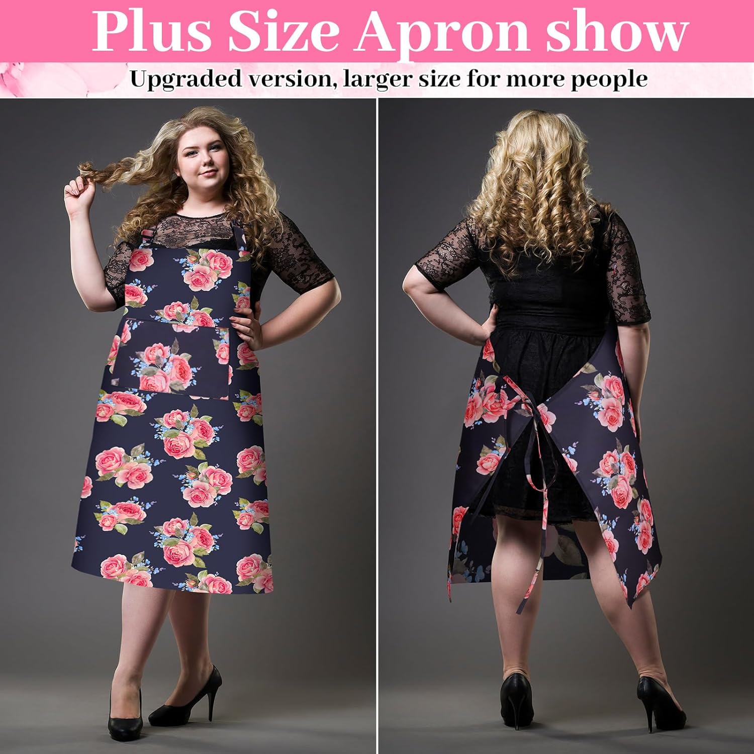 2 Pack Plus Size Floral Aprons Women Adjustable Vintage Kitchen Chef Apron with 2 Pockets for Cooking, Work, Baking, 35.43 x 39.37 Inch(Pink,Black,Floral) - Image 6