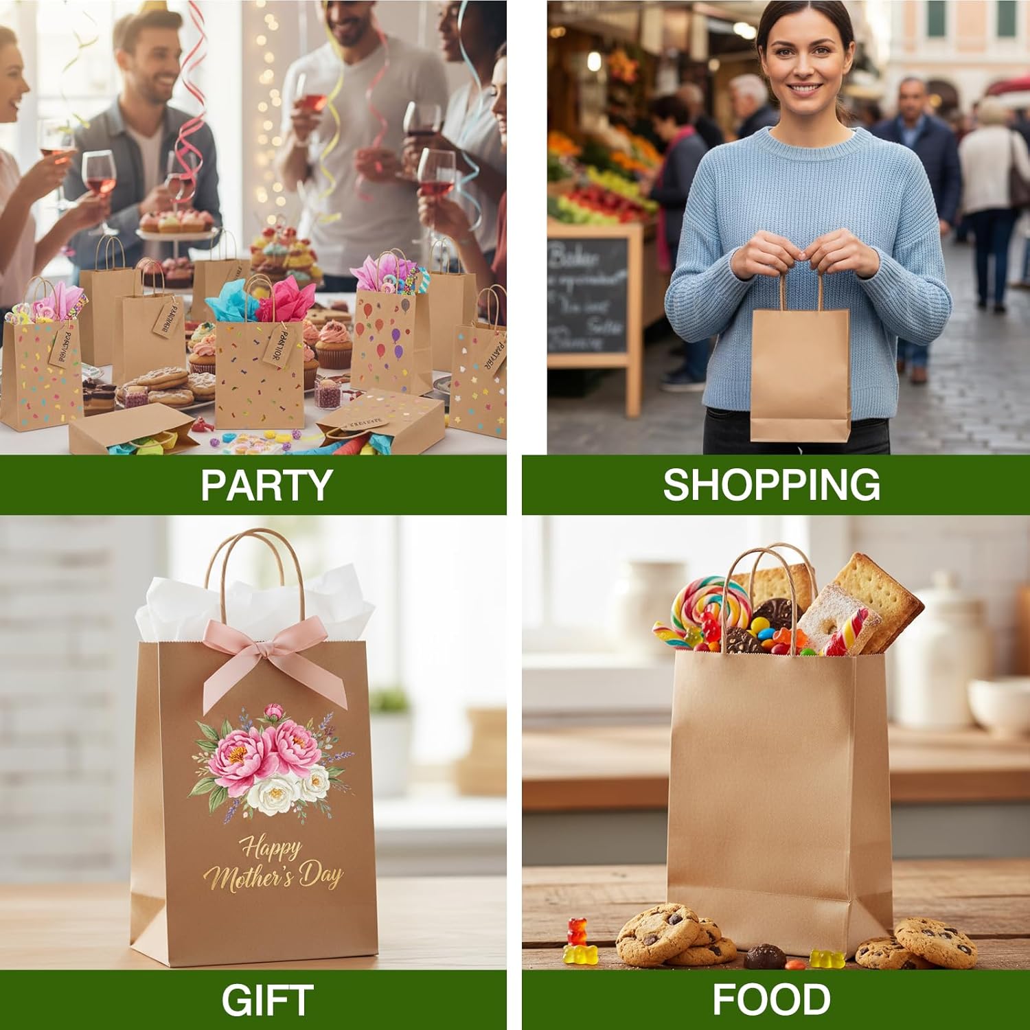OUTUXED 240pcs Small Paper Bags with Handles, 5.25x3.2x8 Inches Brown Kraft Gift Bags Bulk for Christmas, Shopping, Birthday, Wedding and Business Party