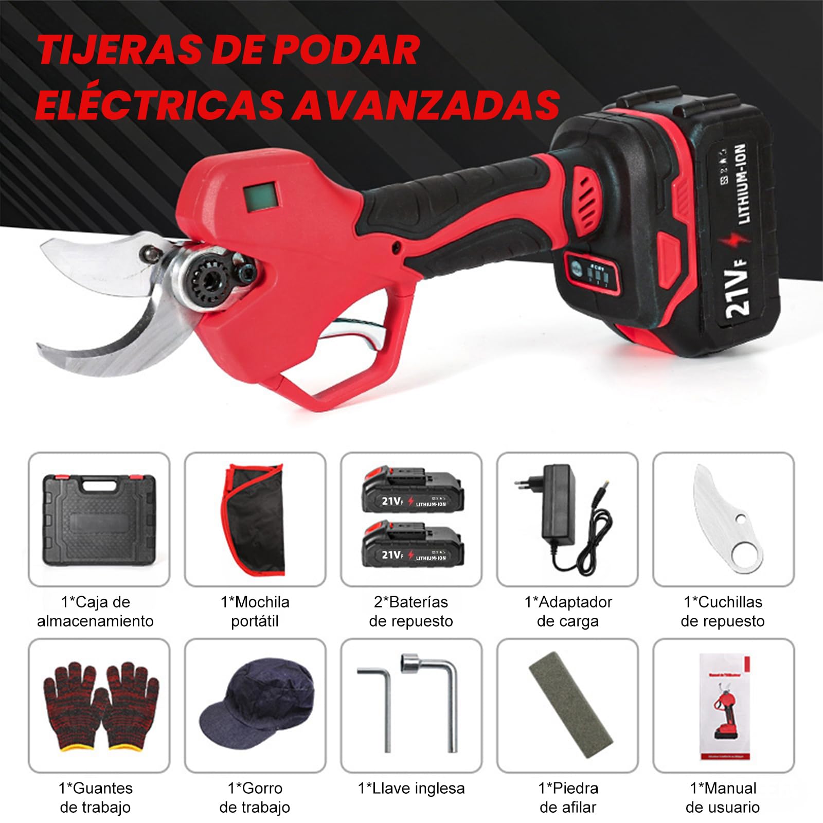 Tijeras de Podar Electricas, 50 mm Tijeras de Poda con 2 Baterías 3000 mAh, Pantalla LCD, 1000W Sin Escobillas, Tijeras podar Bateria para Poda de Árboles, Setos y Ramas