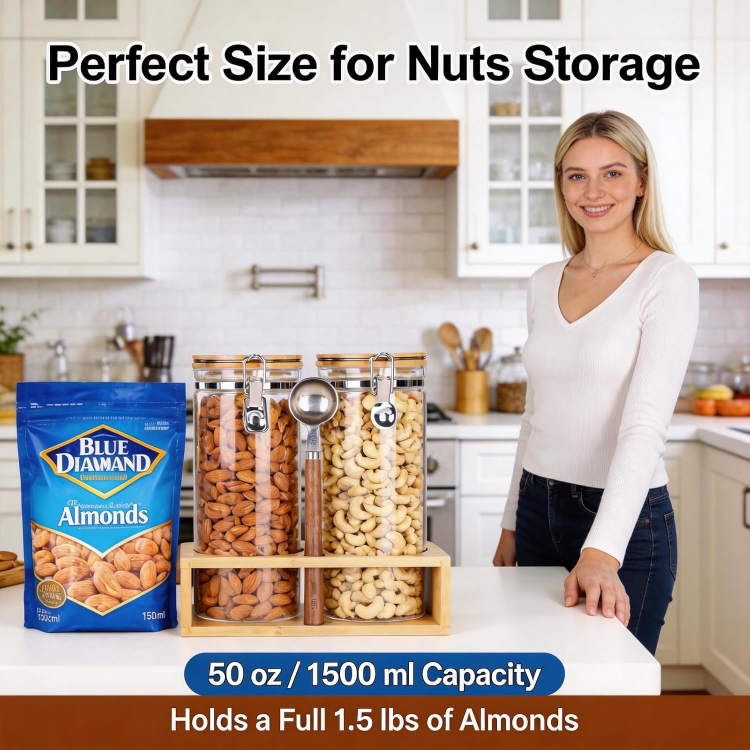 Airtight Glass Nuts Storage Containers with Bamboo Lids & Spoon – Large Clear Jars Keep Walnuts, Cashews & Almonds Crunchy – Pantry Organizer Canisters (50 oz / 1.5L)
