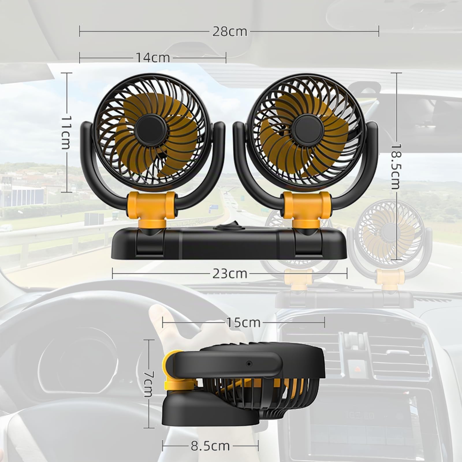 Ventilateur de voiture 12 V - Double tête - Rotation à 360° - Avec allume-cigare - Puissant et silencieux - Pour voiture, van, SUV, RV, bateau