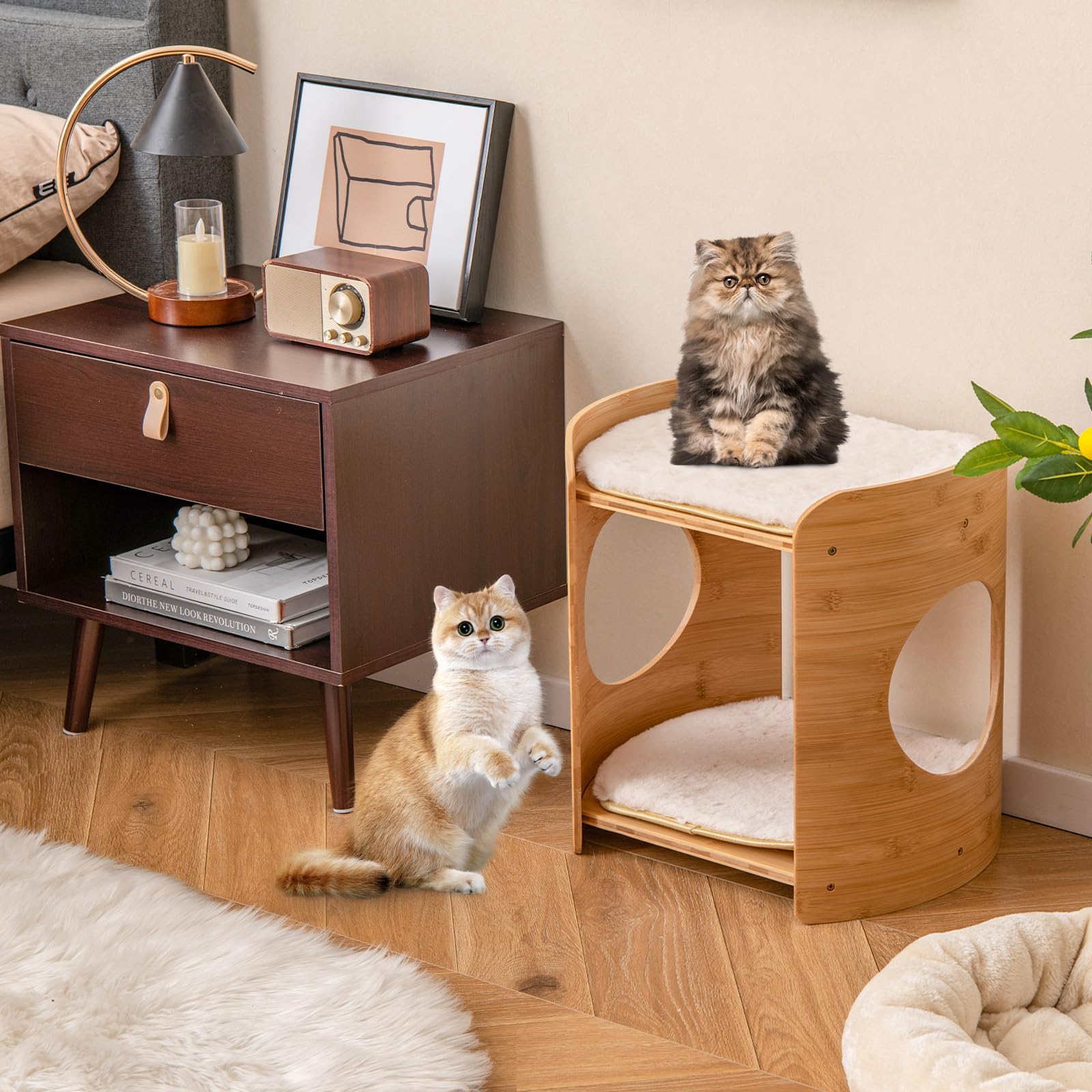 GOPLUS Torre para Gatos de 2 Niveles, Interior, Bambú con Camas Dobles, Cojines Lavables, Acceso para Gatos y Gatitos Pequeños