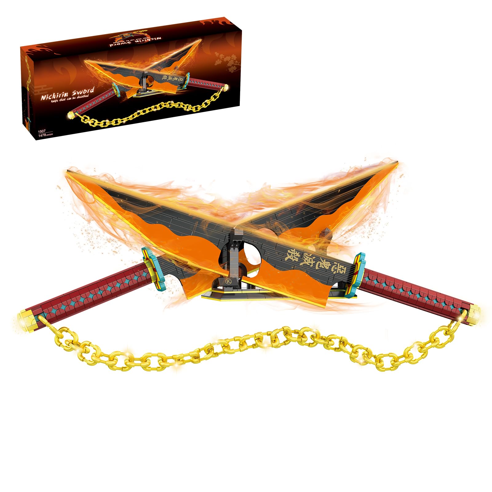 Anime Dual Cleaver Building Set - 1478 Pieces Sound Ninja Sword Model with Golden Chain 82 Inch Huge Nichirin Style Weapon Flashy Cosplay Prop Construction Toy for Adults (Amber & Black)