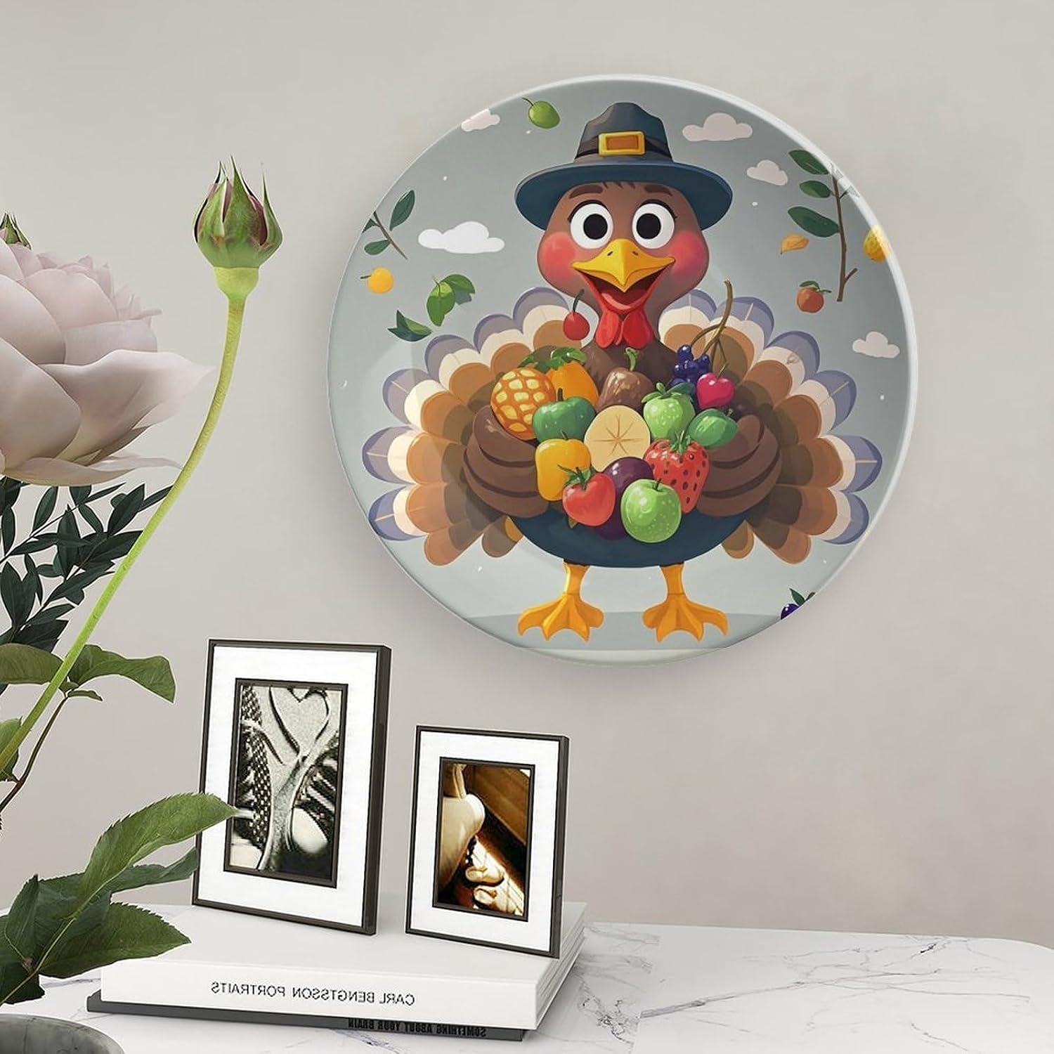 Fruit Garnish Ceramic Decorative Plate for Home, Bone China Plates | Chinese Style Decorative Dish with Stand, Dinner Plates Art Crafts for Wall Decor, Collections Plate with Hook 8inch