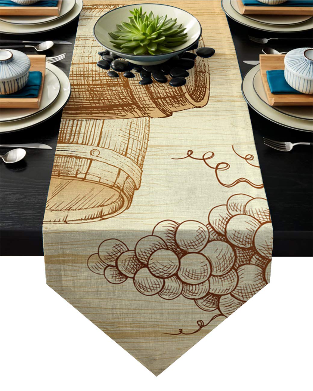 BetterDay Cotton Linen Table Runner Drawing Grape Wine Barrel 16x72 Inch Burlap Table Runners for Party Wedding Dining Farmhouse Outdoor Picnics Table Top Decor- Wood Grain