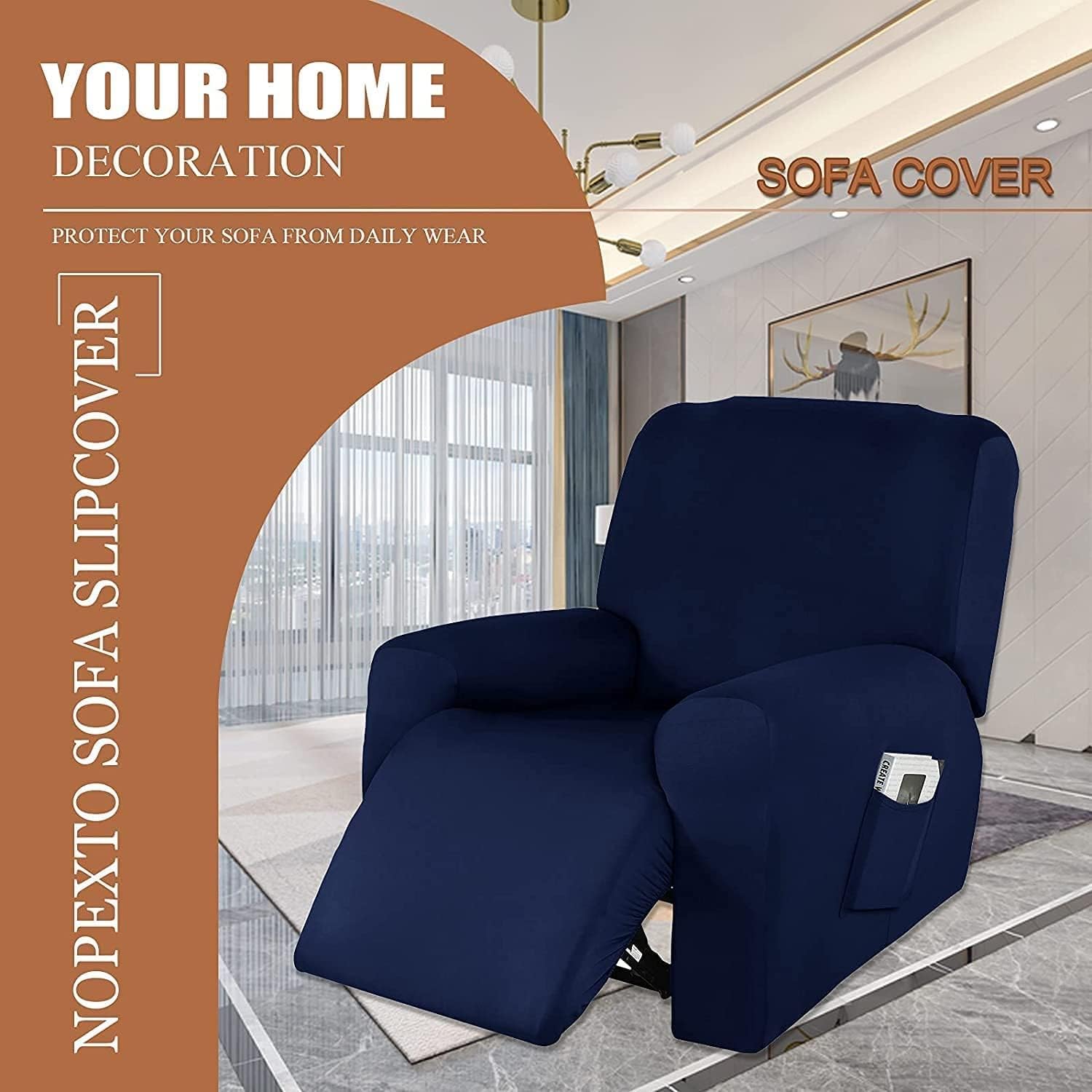 Stretch Recliner Chair Covers, 4 Pieces Recliner Cover Anti-Slip Armchair Covers Recliner Sofa Slipcover Recliner Chair Covers for Reclining Chair Recliner armchairs 1Seat Furniture Protector
