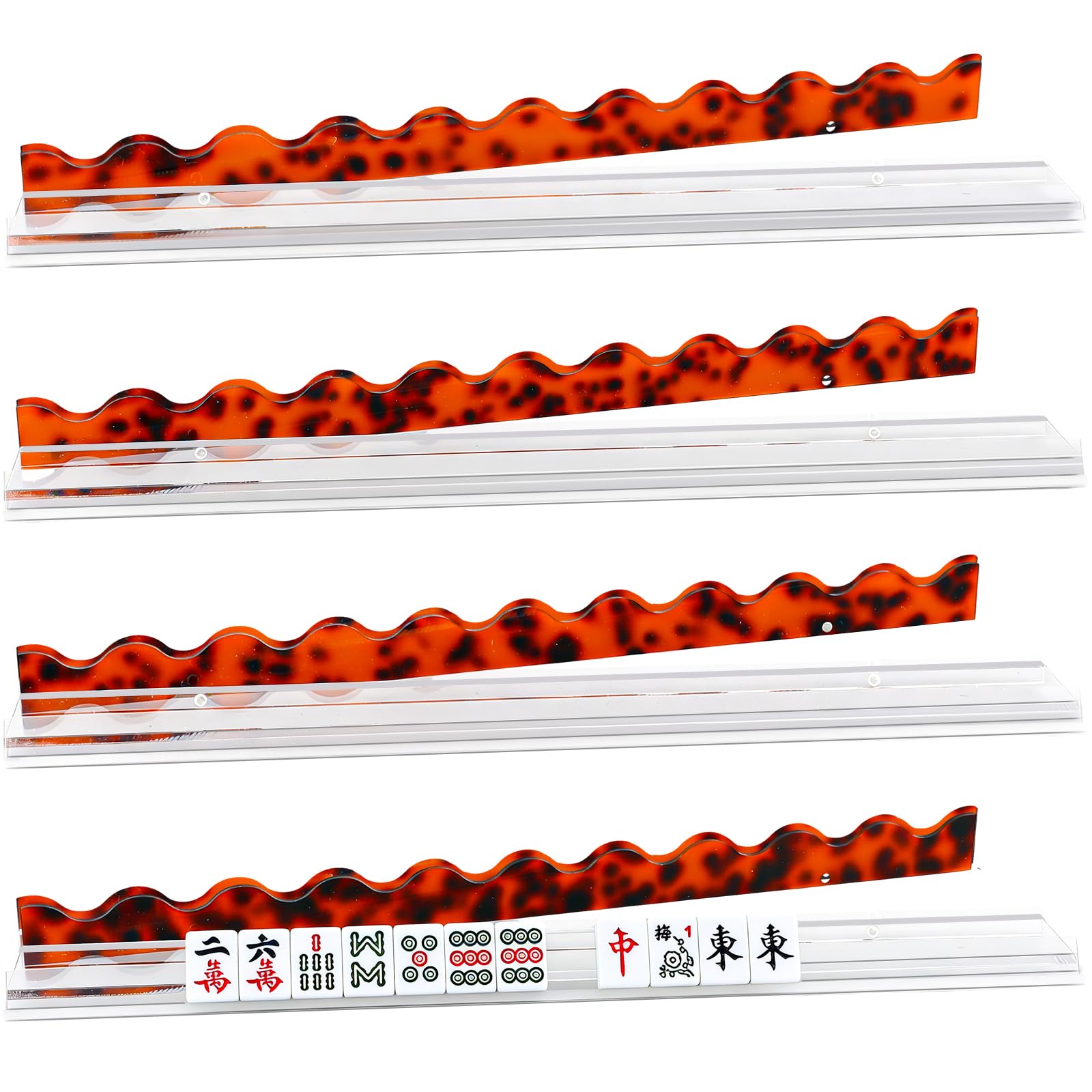 Mifoci 4 Set Scalloped Tortoiseshell Mahjong Tile Racks with Magnetic Pushers Acrylic American Mahjong Rack and Pusher Modern Majiang Accessories for American Majiang Game