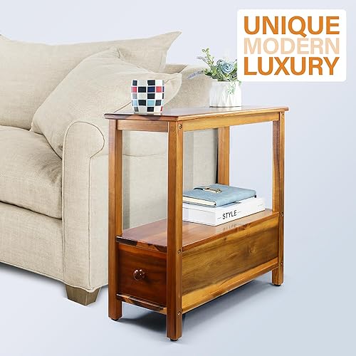 Vista 6 de ENKEZI Mesa auxiliar estrecha con cajón y estante, mesa auxiliar delgada para espacios pequeños, mesita de noche para dormitorio o sala de estar