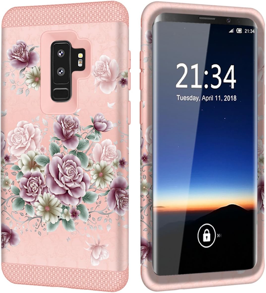 Galaxy S9 Plus Case w/Unique Floral Design, Hocase Sturdy 3-Piece Heavy Duty Shockproof Protection Hard Armor Cover Rubber Protective Case for Samsung Galaxy S9 Plus 2018 - Rose Gold Purple Flowers