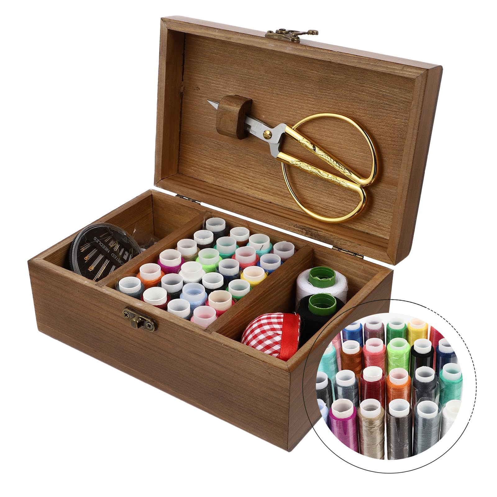 YARNOW Juego de Herramientas de Costura Portátil Hogar Kit de Agujas y Accesorios en Caja de Madera Marrón, Material Acero Inoxidable y Algodón