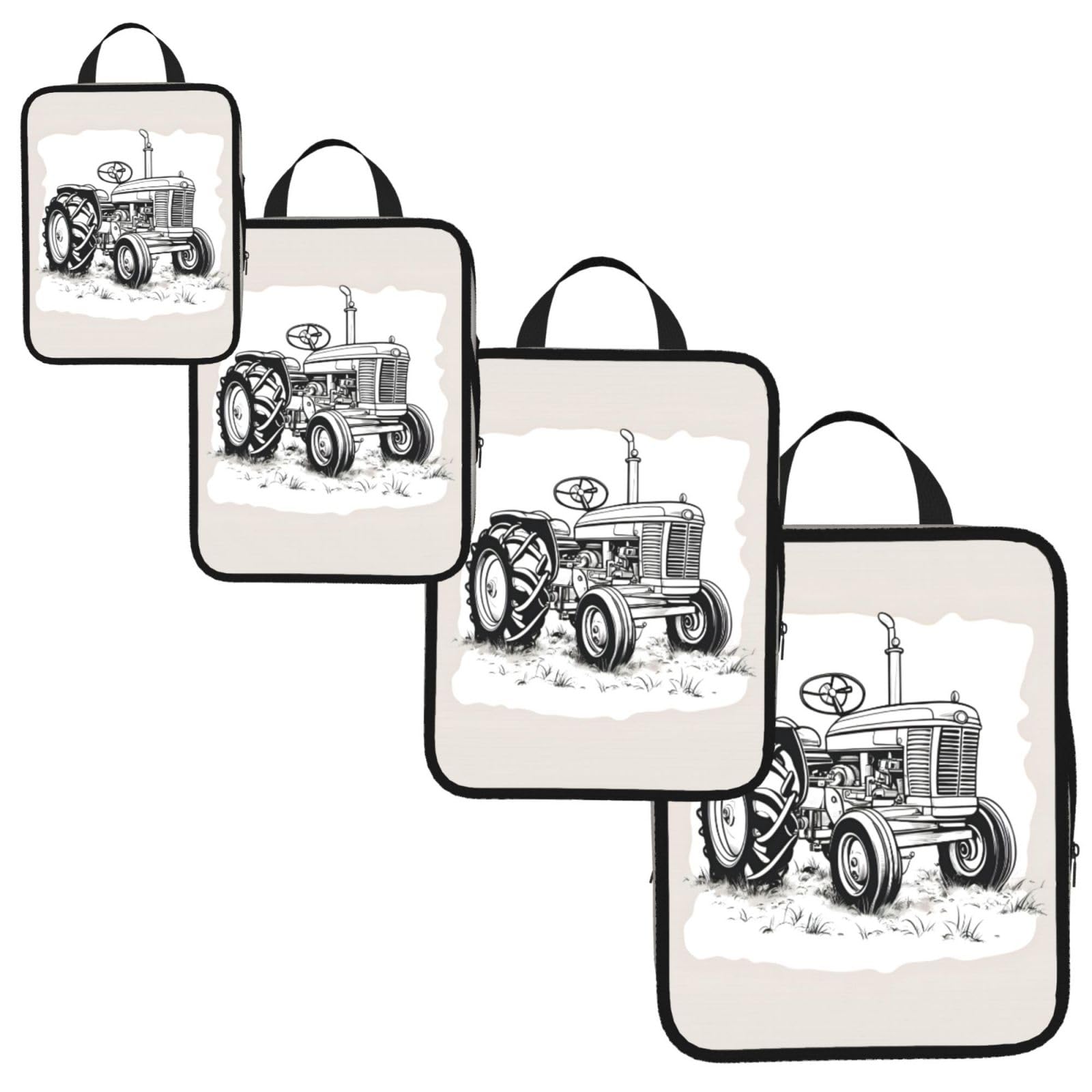 Cartoon Tractor Print 4 Set Compression Packing Cubes for Suitcases,Expandable Storage Bags Organizers