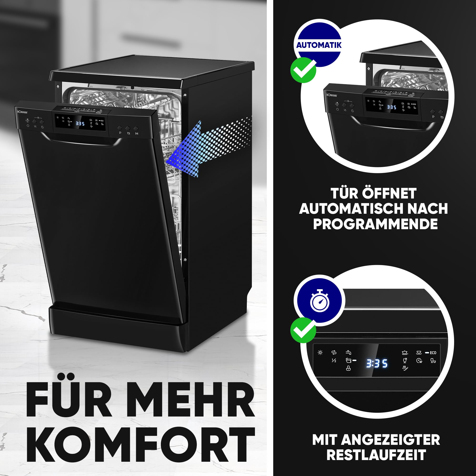 Bomann Geschirrspüler 45 cm 10 Maßgedecke Stand Unterbau 7 Programme 2 Sprühebenen Startvorwahl LED-Display GSP 7418 schwarz