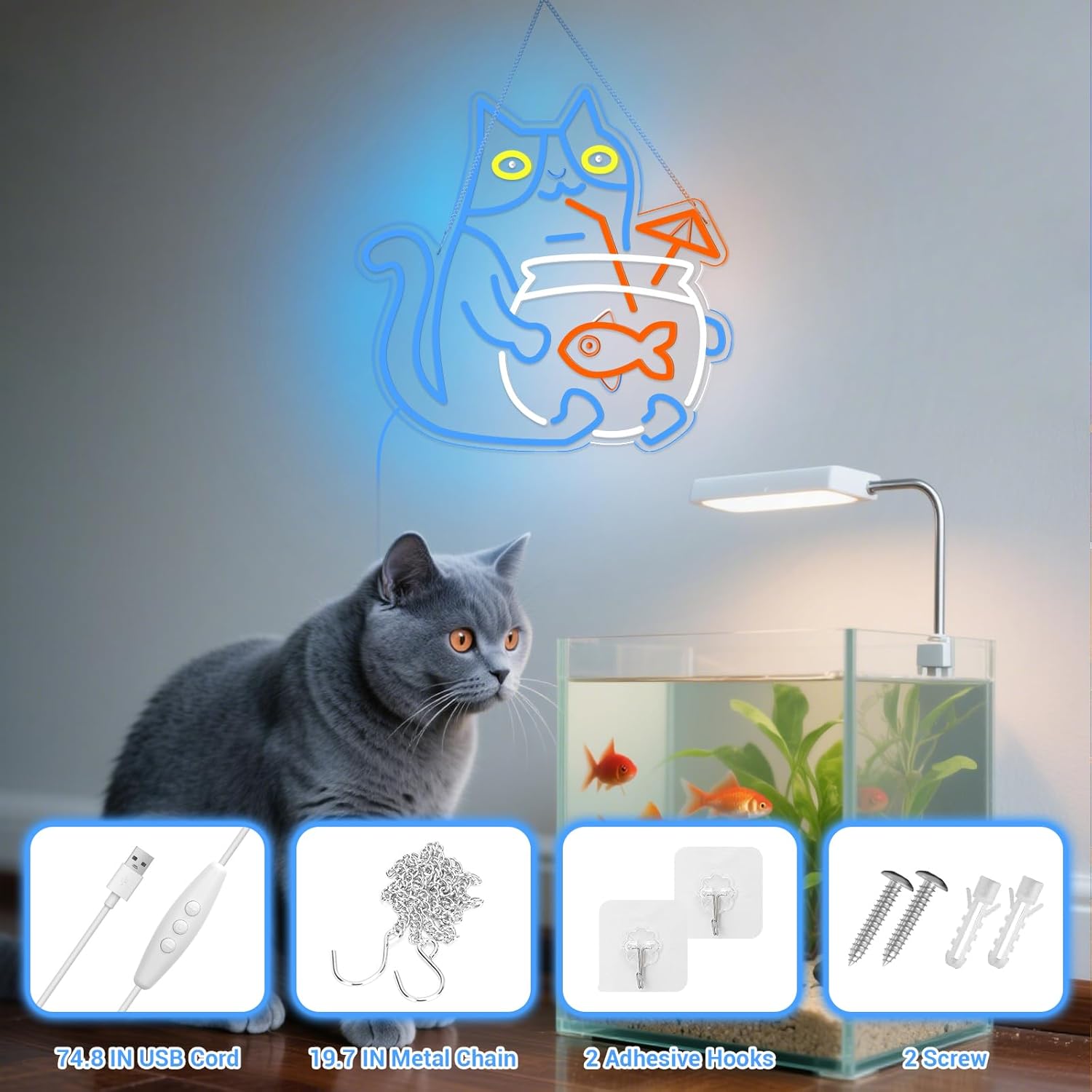 Blue Cat Neon Sign for Wall Decor, 14''x15'' Cute Kitten Cat Neon LED Light Sign for Bedroom Living Room, Funny Perfect Gifts for Cat Lovers Women Men (Cat Tank)