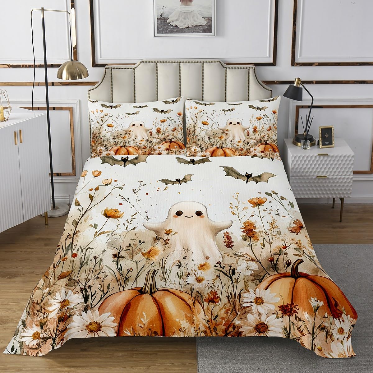 jejeloiu Halloween Bedspread King Size Kids Cute Ghosts Pumpkin Quilted Coverlet for Boys Girls Teens Botanical Floral Bats Coverlet Set White Orange