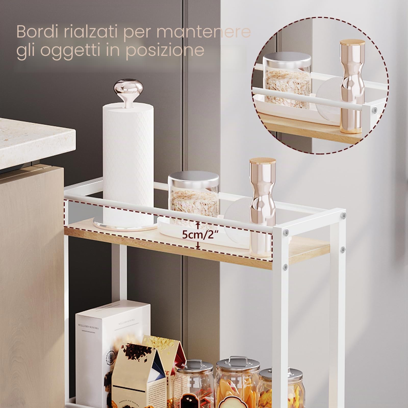 MAHANCRIS Carrello Sottile a 3 Ripiani, Stretto con Ruote, Pratico Carrello Portaoggetti, Scaffale da Cucina in Legno, Per Spazi Ristretti in Sala da Pranzo, Bagno