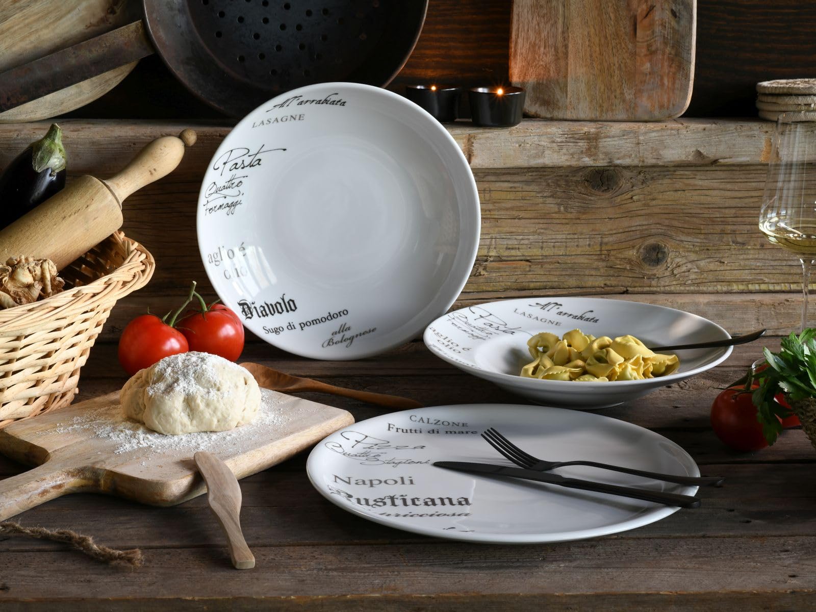 CreaTable, 19569, Série Europa Gustoso, assiette à pâtes, ensemble de vaisselle de 4 pièces, assiettes à pâtes en porcelaine, compatibles lave-vaisselle et micro-ondes, fabriqué en Europe.