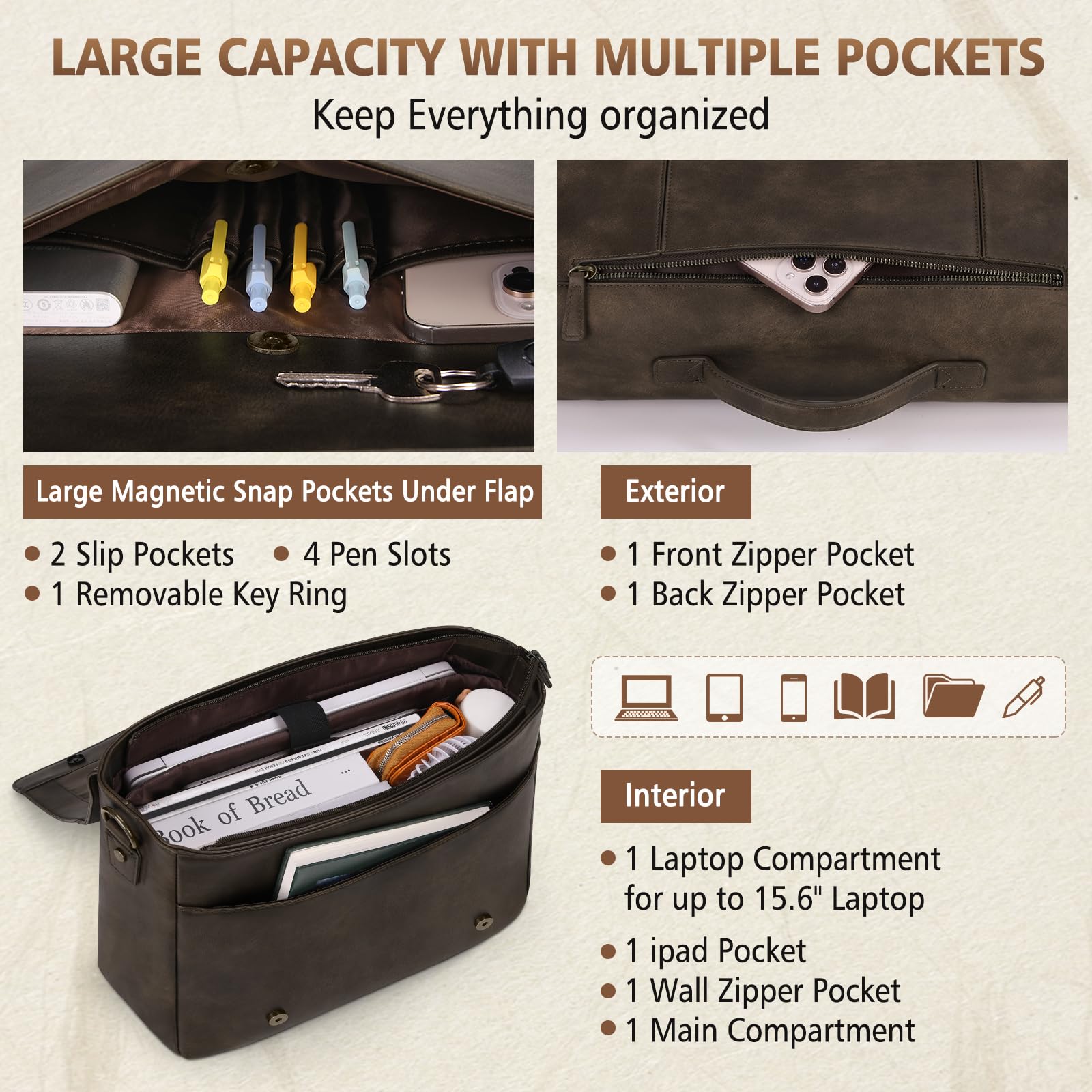 RAINSMORE Aktentasche Herren Leder Wasserdichte Umhängetasche Laptoptasche 15,6 Zoll Vintage Groß Arbeitstasche Messenger Bag Schultertasche für Arbeit Büro Uni Schule - 3