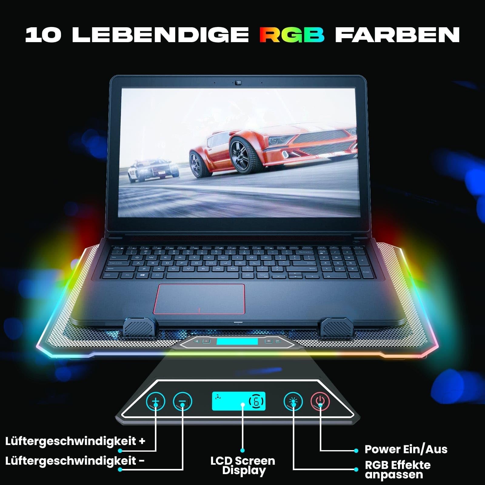 KLIM V14 Gaming Laptop Cooling Pad mit 14 Lüftern - Neu - Gaming Laptop Kühler - Stabiler RGB Notebook Ständer mit Lüfter - Kompatibel bis zu 17" - 2 USB Ports - Handyhalterung - 5 Jahre Schutz