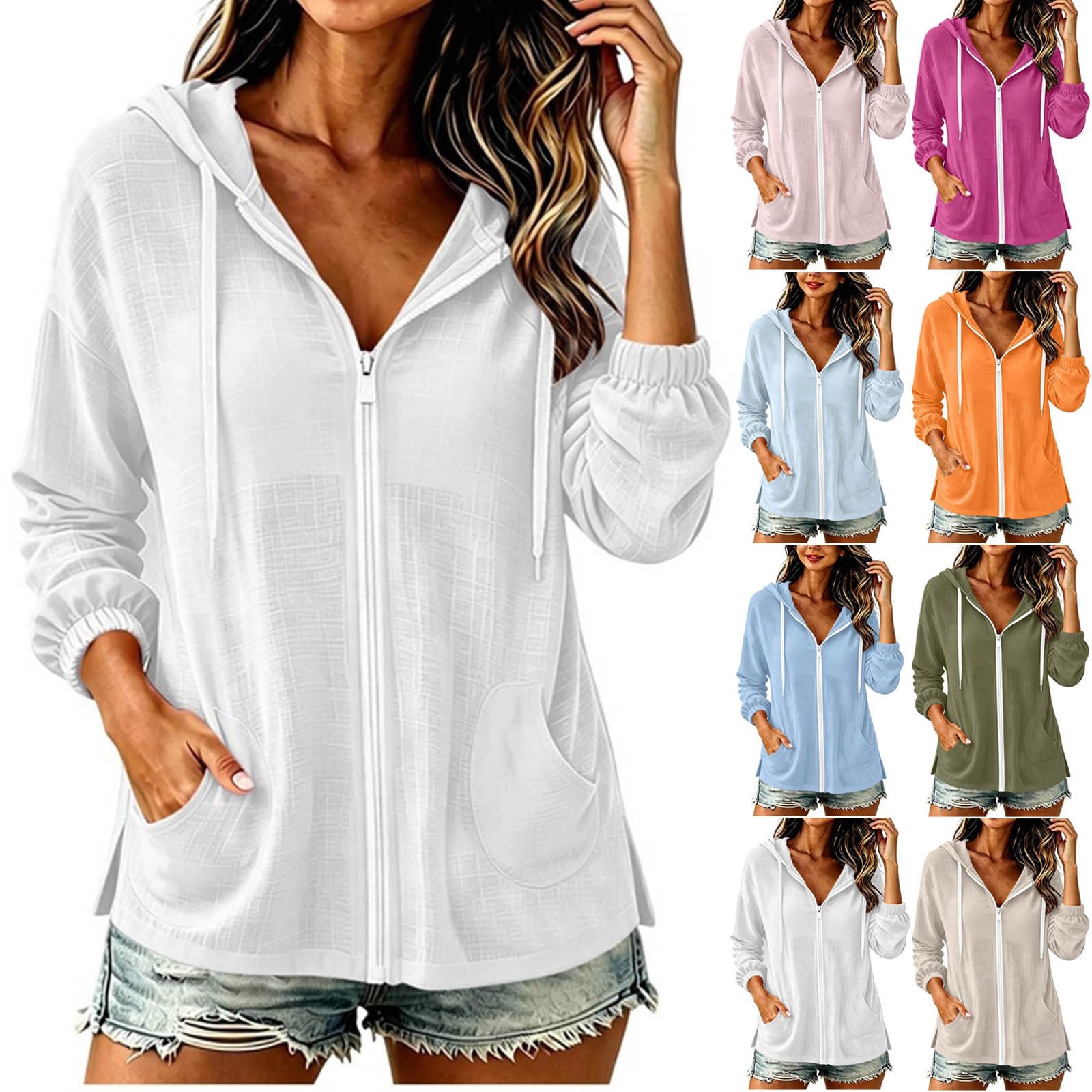 Hoodie Damen Reißverschluss Baumwolle Leinen Kapuzenjacke Leichte Sommer Herbst Sweatjacke mit Kapuze Übergangsjacke Sweatshirt für Frauen Langarm Kordelzug Taschen Locker Bequem Kapuzenpullover