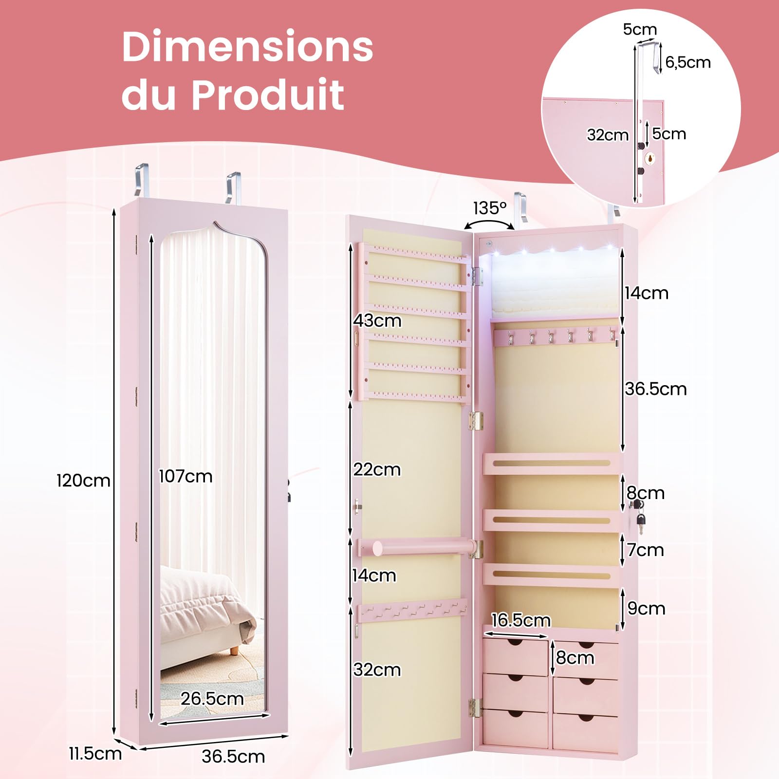 RELAX4LIFE Armoire à Bijoux Murale avec Miroir, 5 Lumières Automatiques, Miroir Rangement Bijoux avec 6 Tiroirs pour Boucles d'Oreilles Colliers Cosmétiques (Rose | Tiroir en MDF)