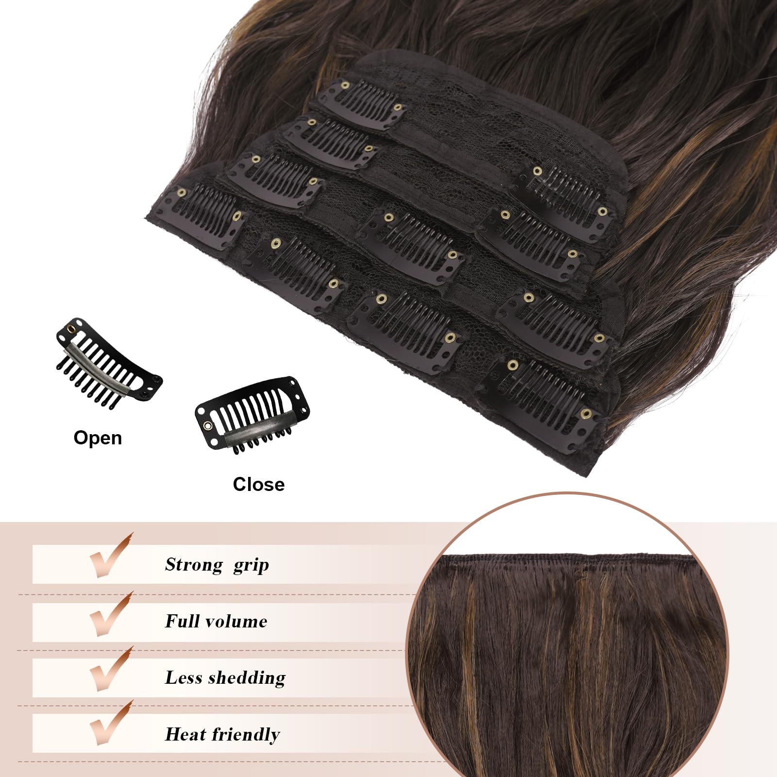 FESHFEN Clip in Hair Extensions 4PCS Black Brown Mixed Light Brown Thick Hair Piece Long Wavy Clip in Extensions Full Head Synthetic Fiber Hairpieces for Women 20 Inch 180g - Image 4