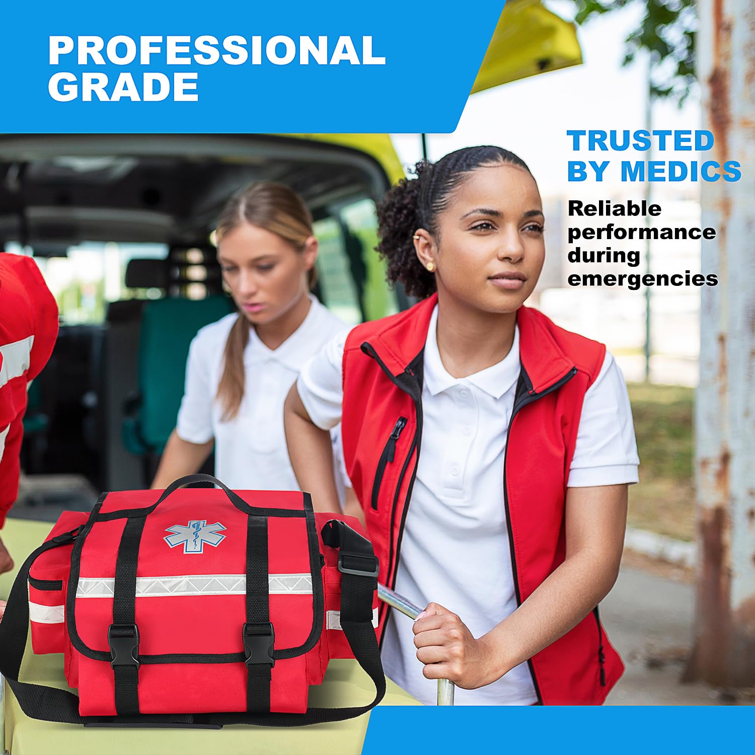 Primacare Fully Stocked Reflective Trauma Bag - 17" x 9" x 7" First Aid Responder Emergency Medical Supplies Kit, Professional EMT EMS Shoulder Bag with Zippered Side Pockets and Compartments (Red) — Amazon image 6